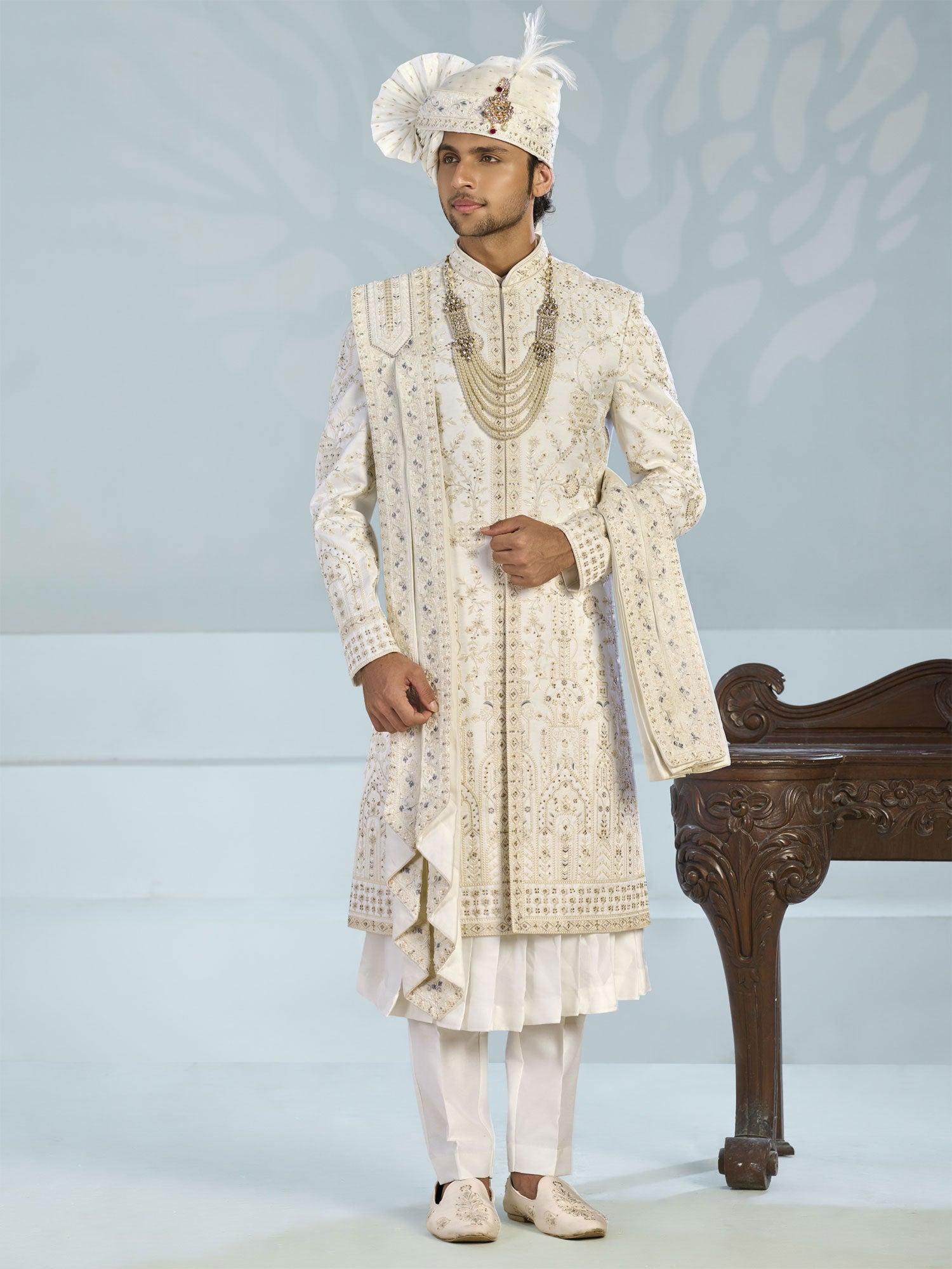 Off White Groom's Sherwani With Anarkali Style Kurta