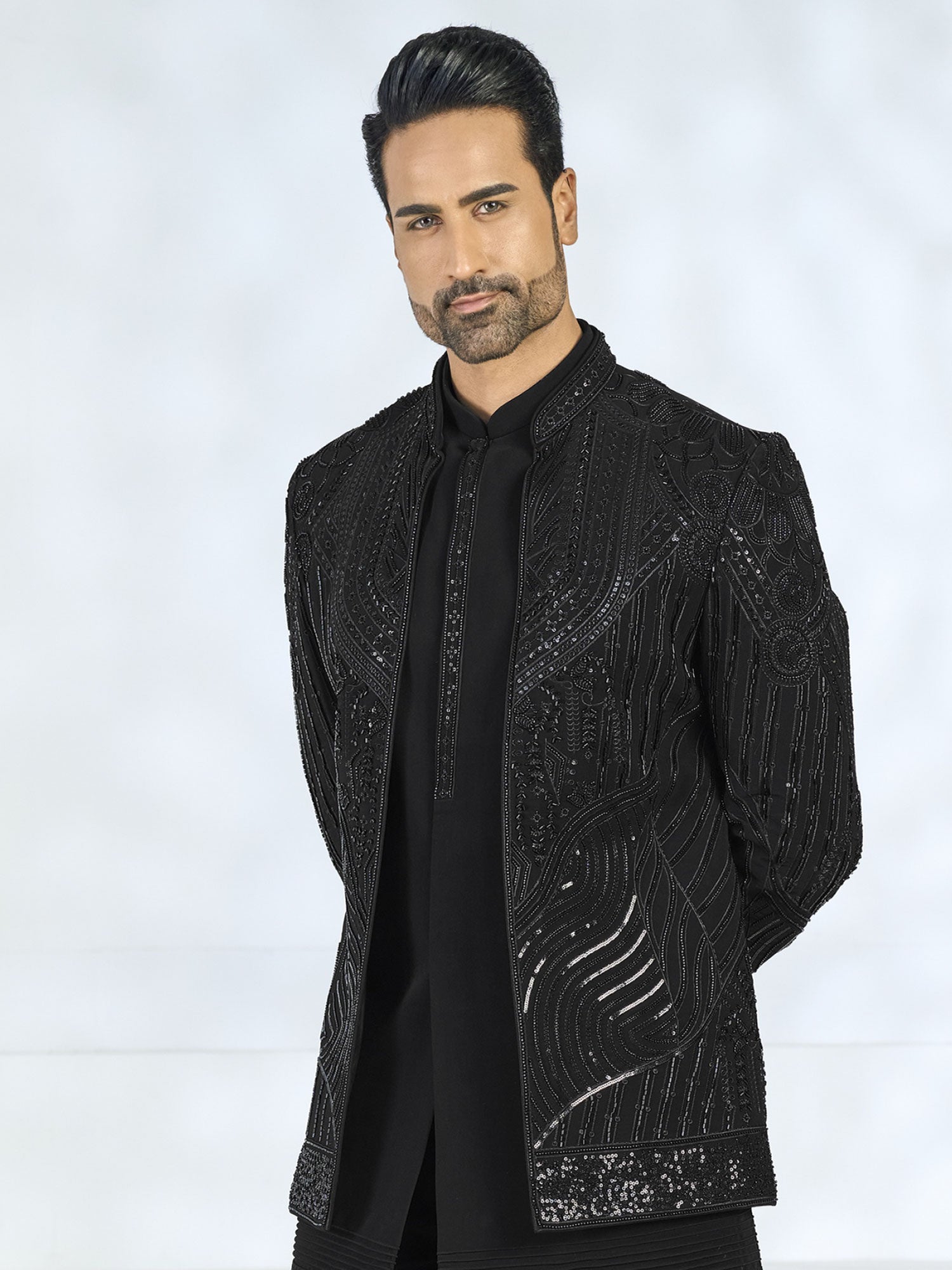 Black Men's Indowestern With Embroidered Jacket