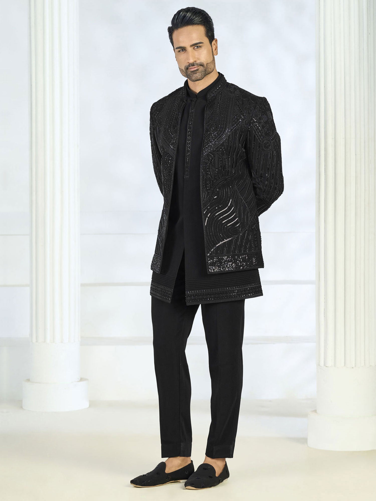 Black Men's Indowestern With Embroidered Jacket