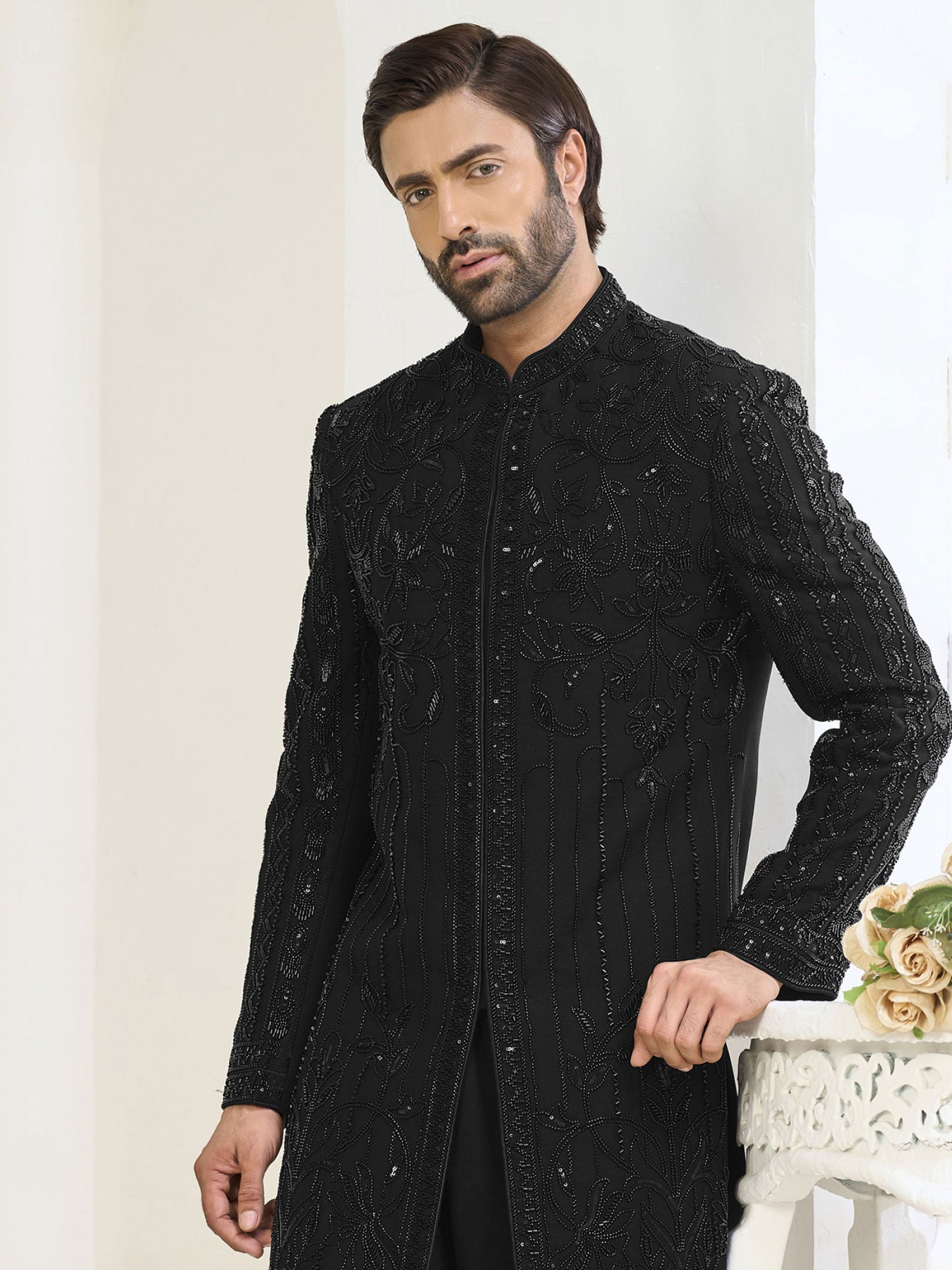 Black Hand Work Embroidered Wedding Indowestern