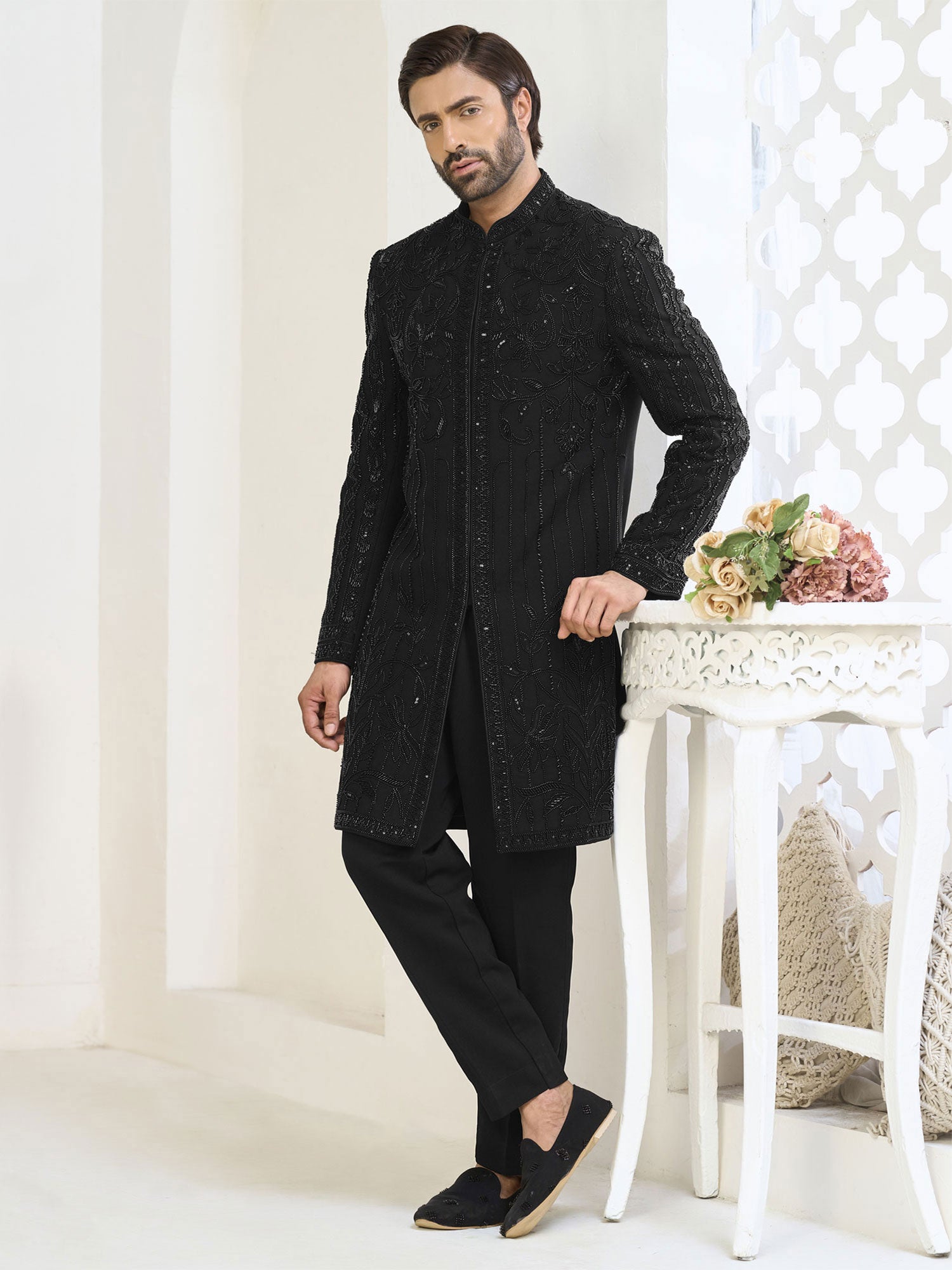 Black Hand Work Embroidered Wedding Indowestern