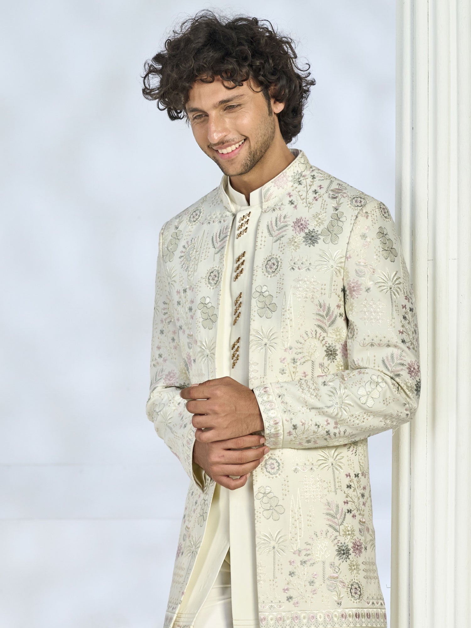Off White Floral Work Jacket Style Indo Western