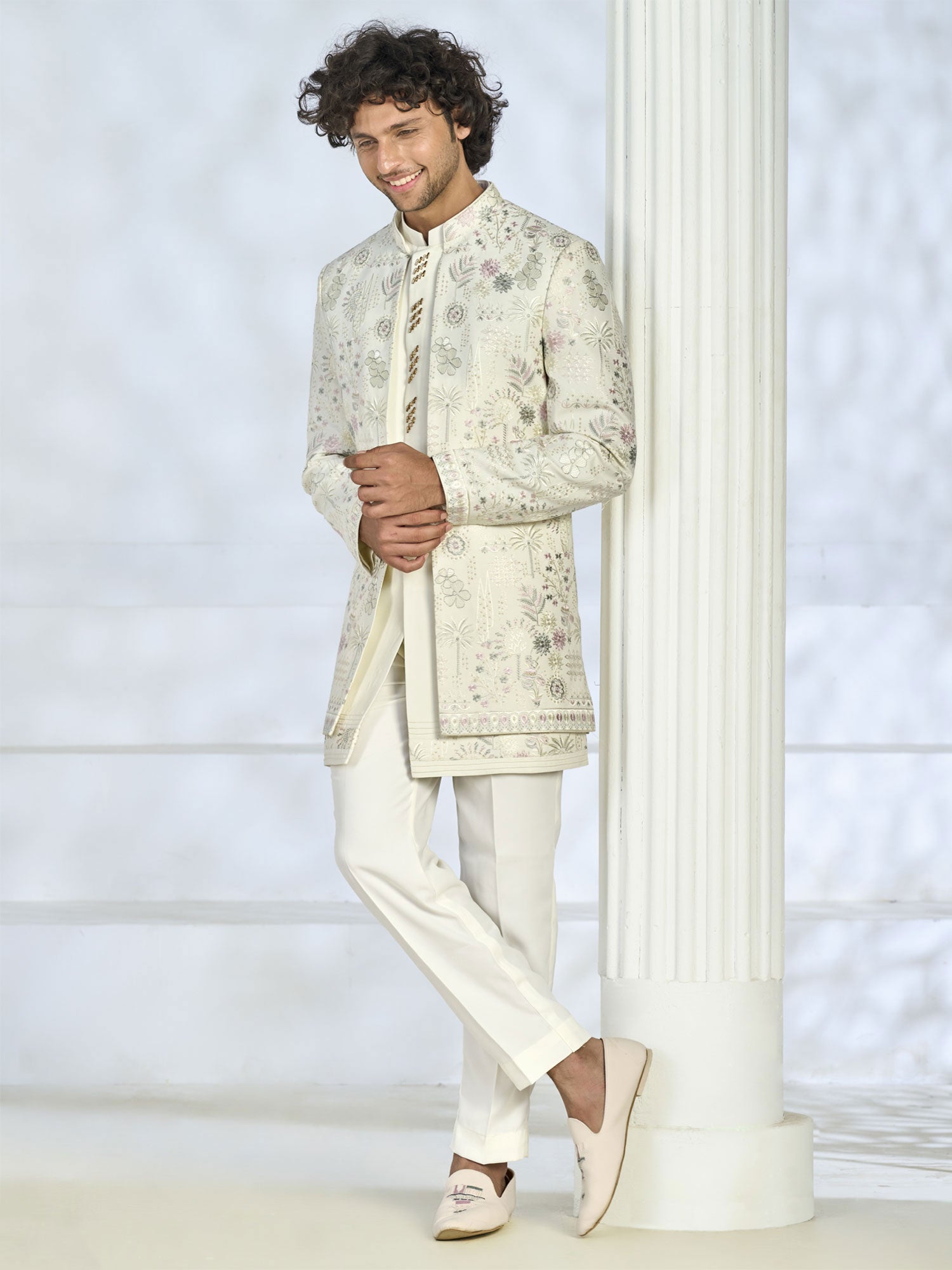 Off White Floral Work Jacket Style Indo Western