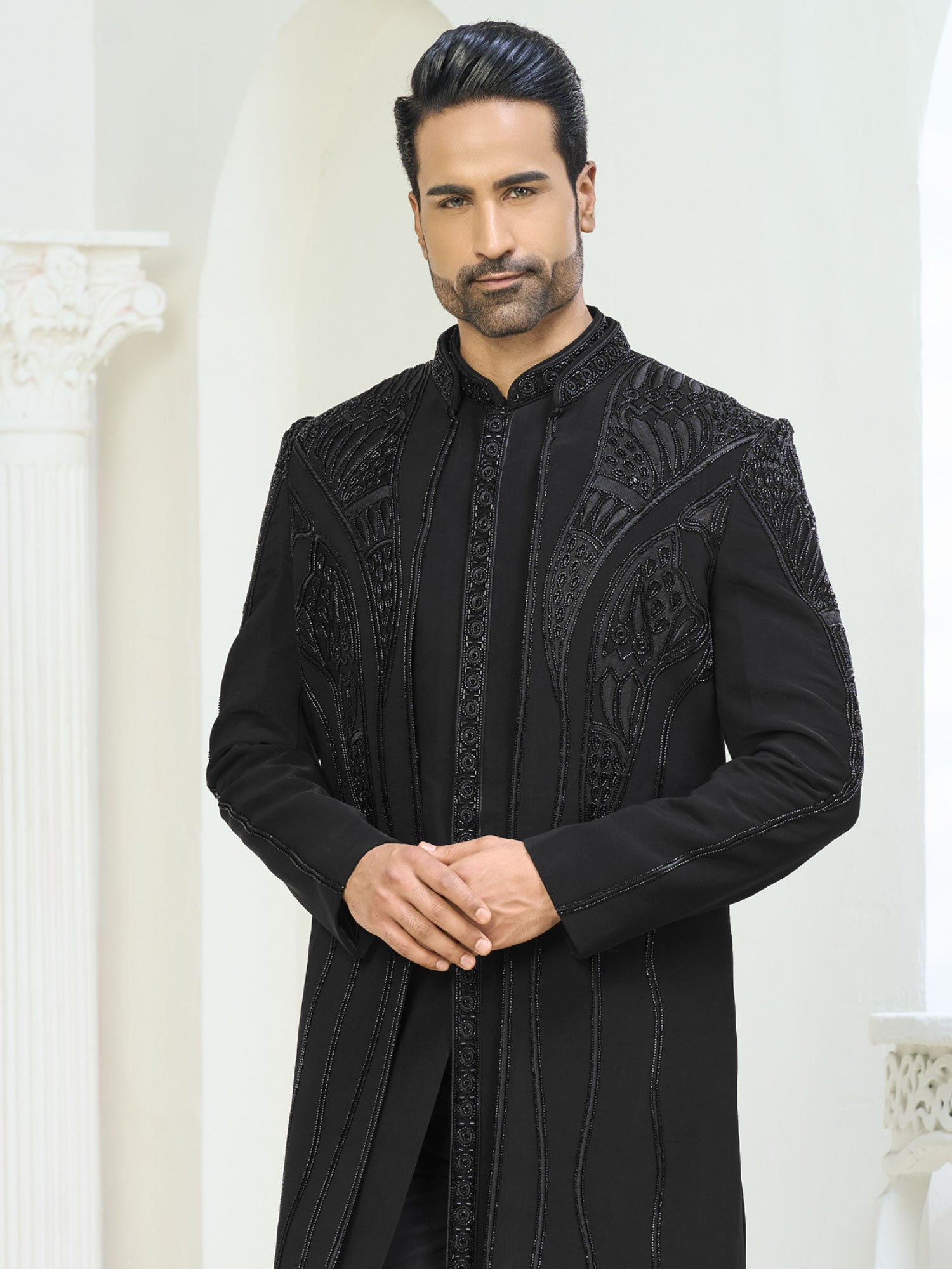 Black Heavy Hand Work Men's Indo Western Set