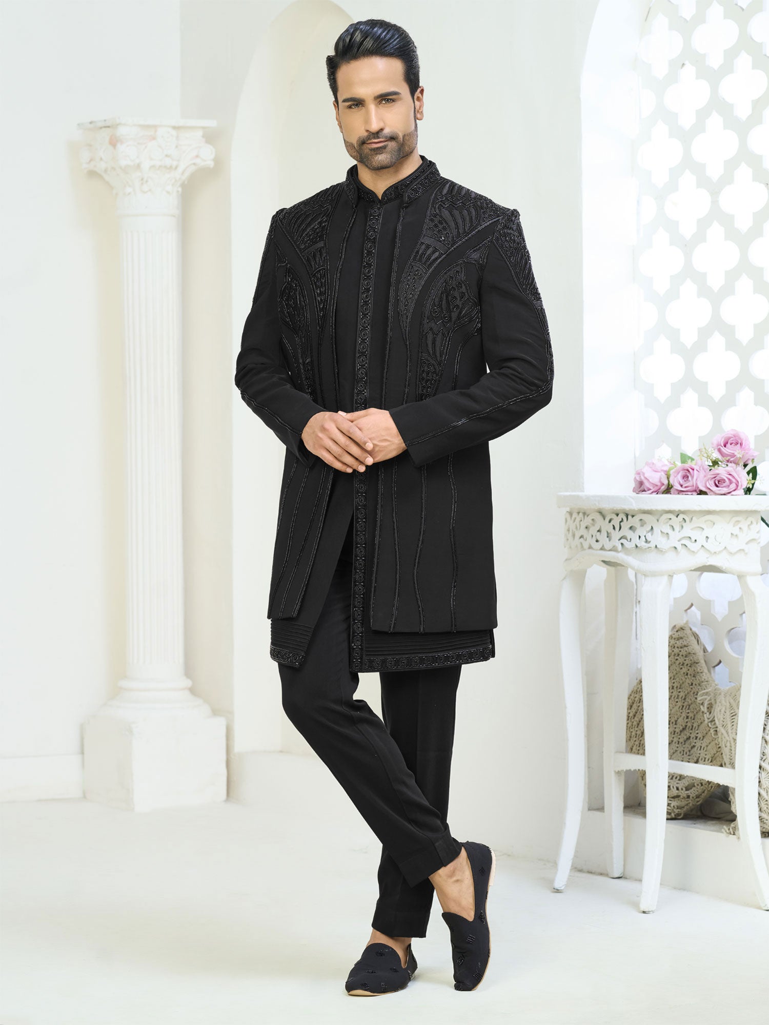 Black Heavy Hand Work Men's Indo Western Set
