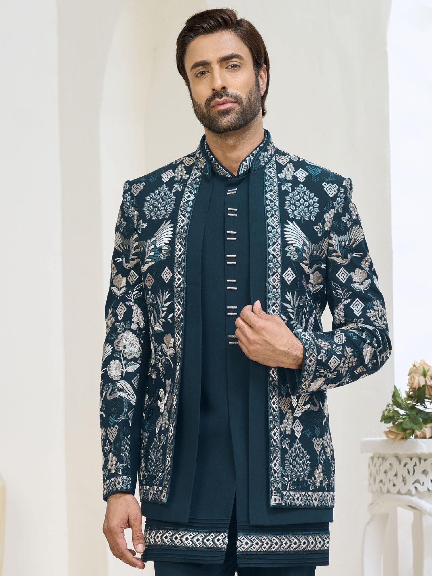 Blue Embroidered Indowestern With Layered Jacket