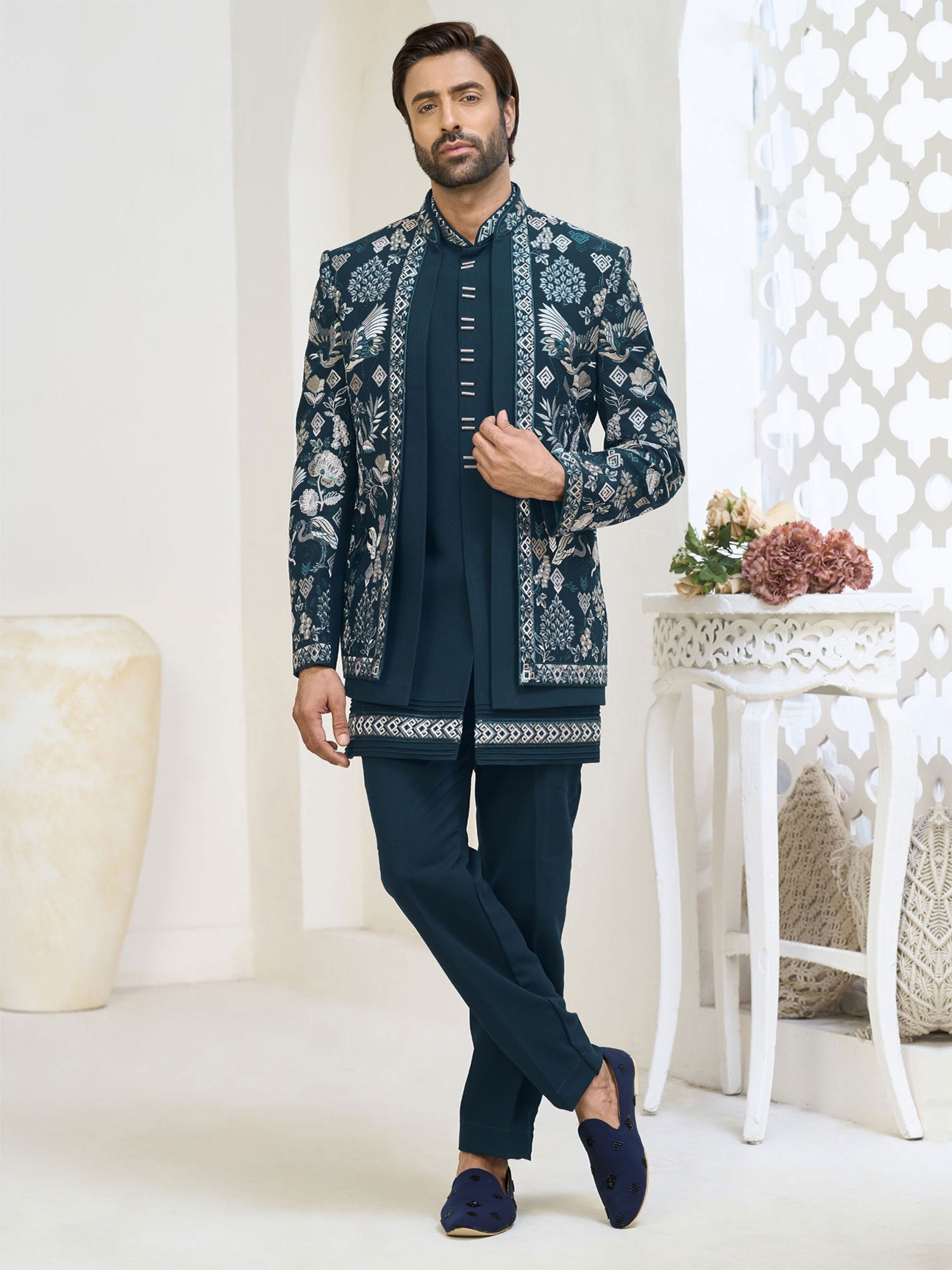 Blue Embroidered Indowestern With Layered Jacket