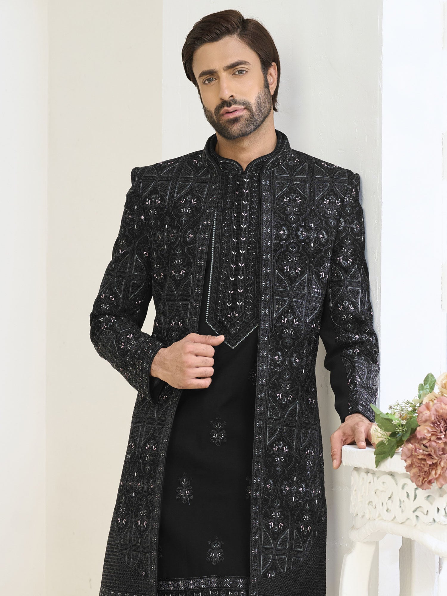 Black Jacket Style Indo Western In Thread Work