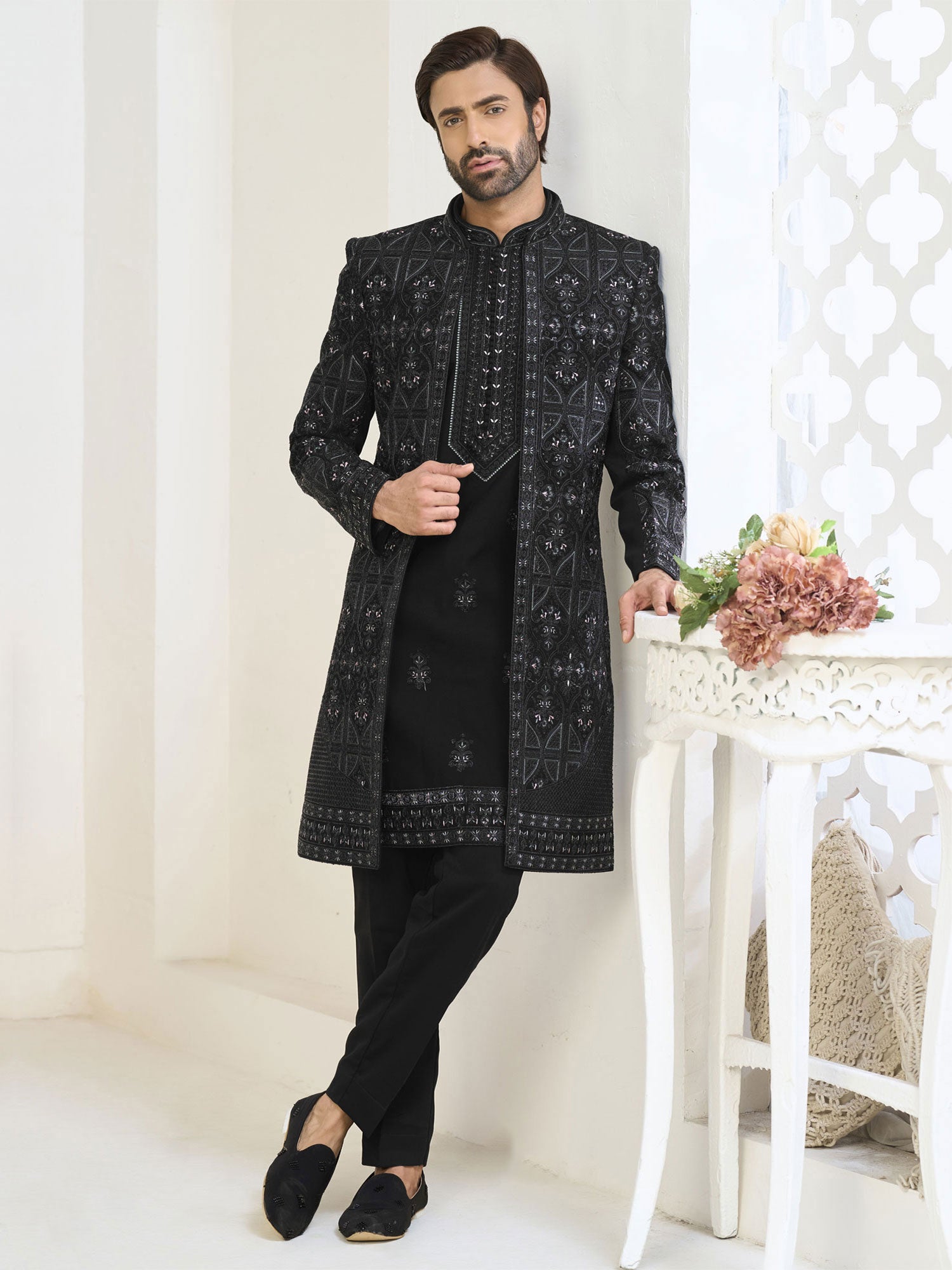 Black Jacket Style Indo Western In Thread Work