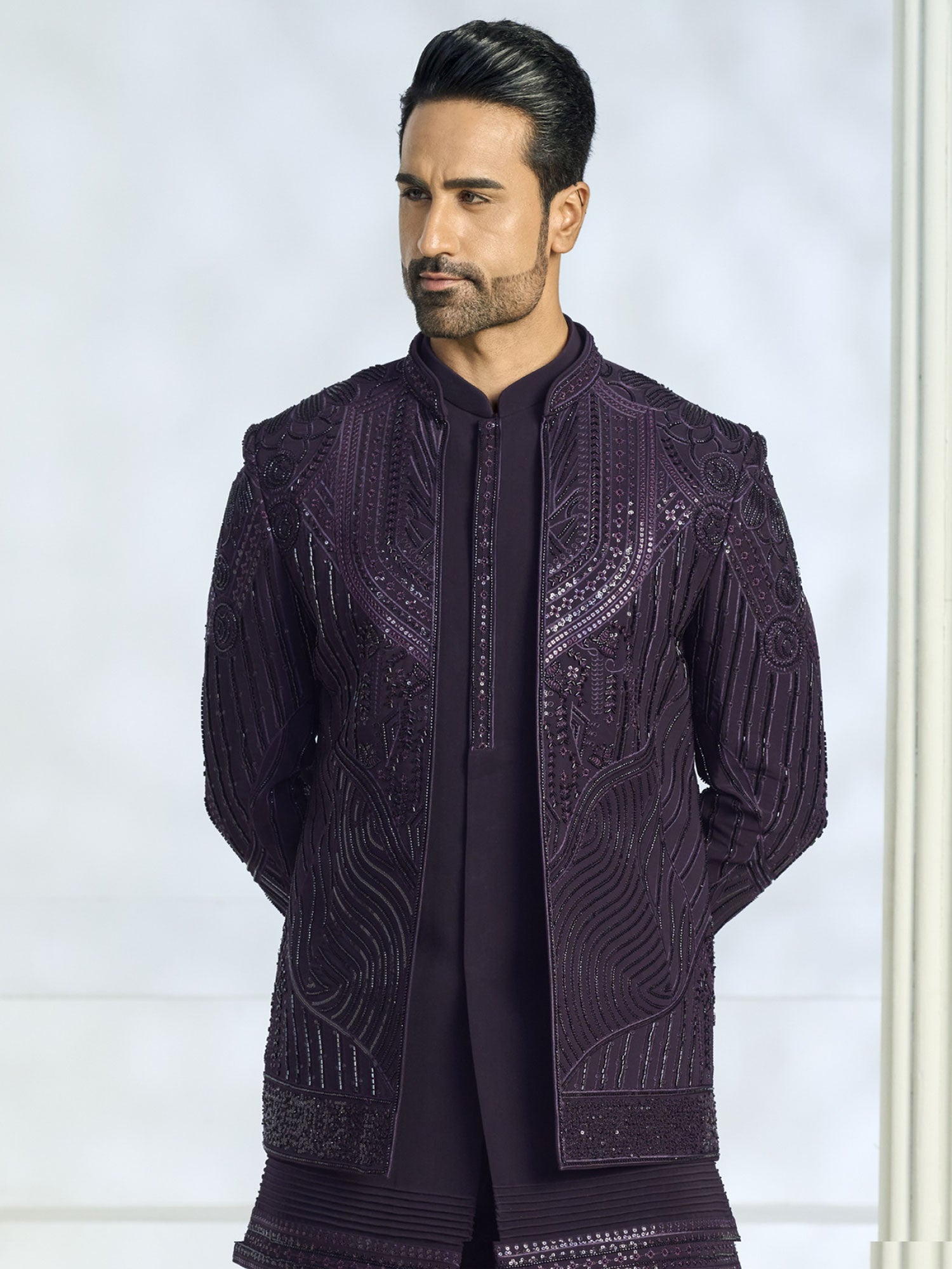 Wine Wedding Indo Western In Sequins Embroidery