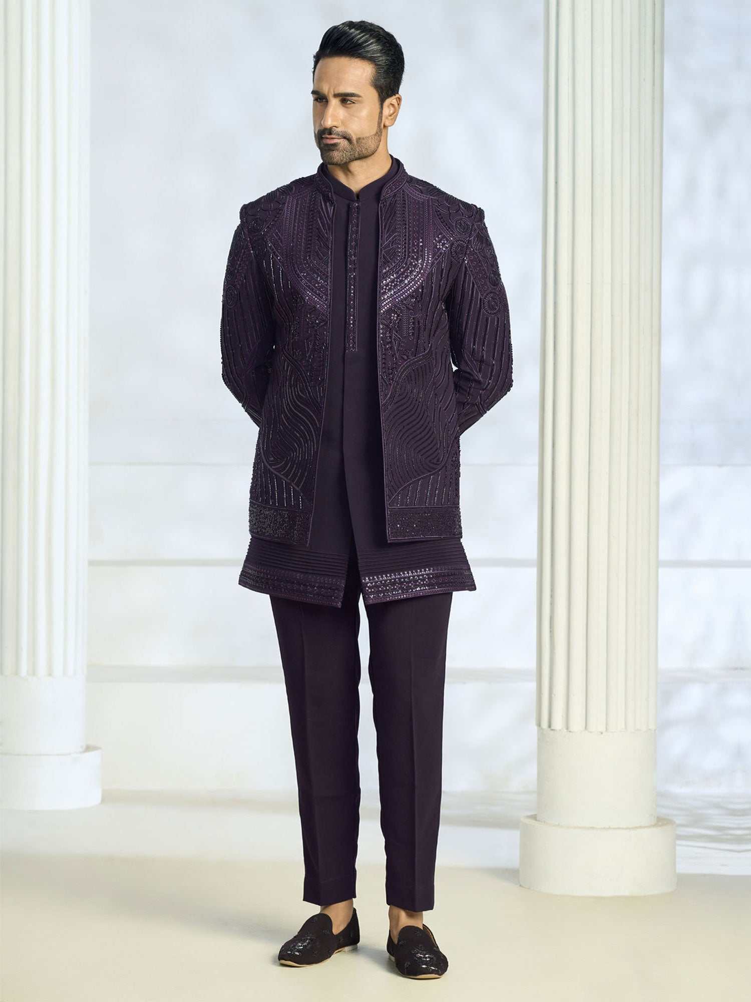 Wine Wedding Indo Western In Sequins Embroidery