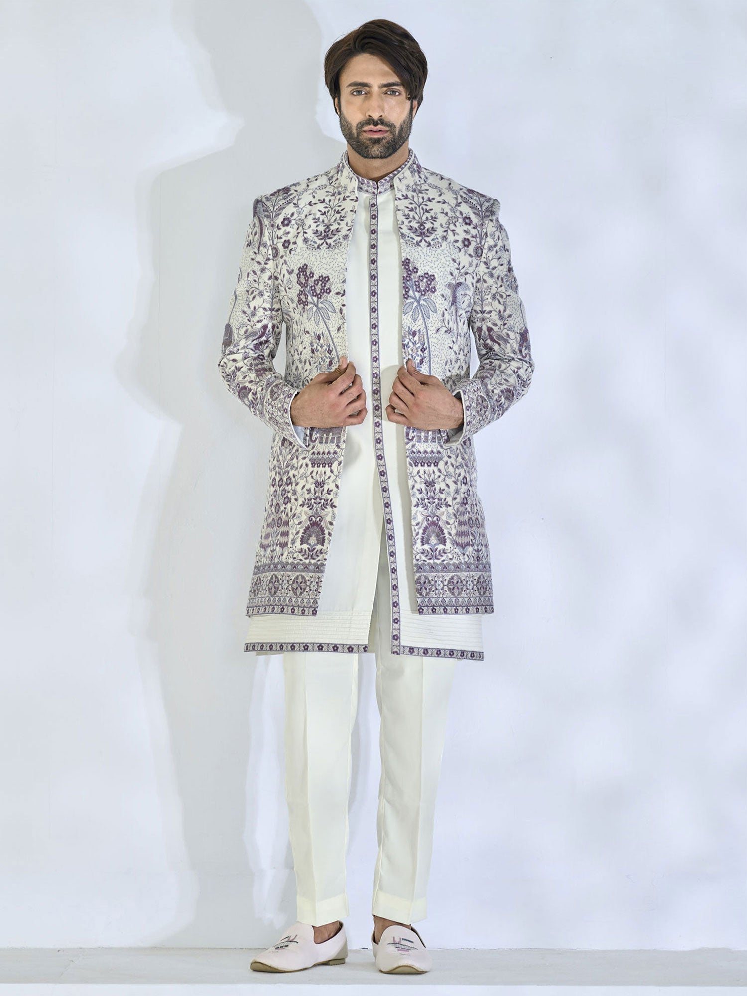 White Silk Indo Western For Men's With Jacket