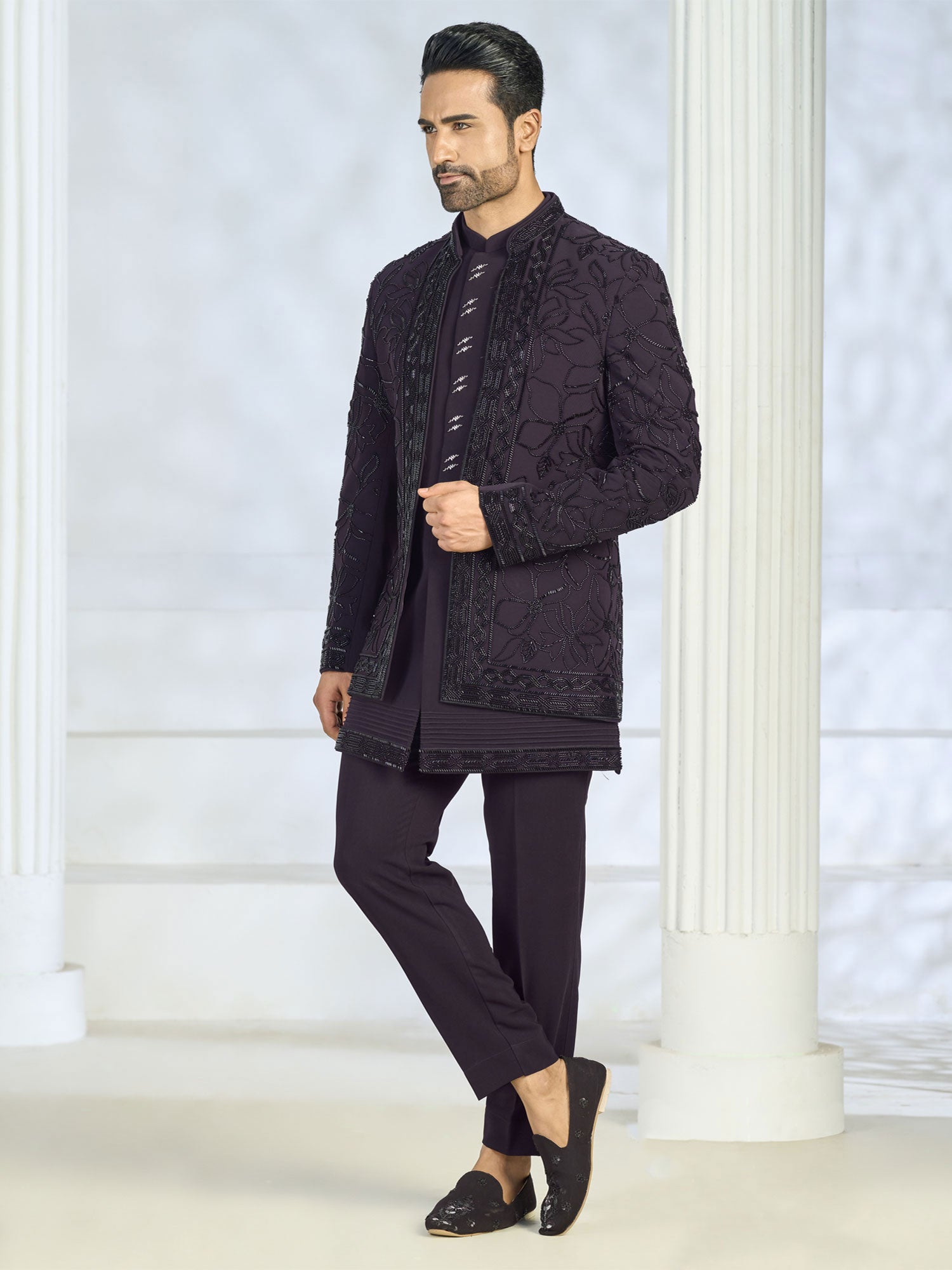 Wine Hand Work Embellished Indo Western Set