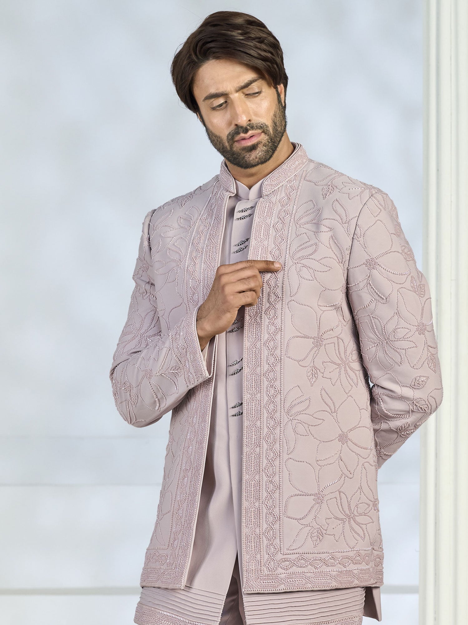 Pink Embroidered Wedding Indo Western Set