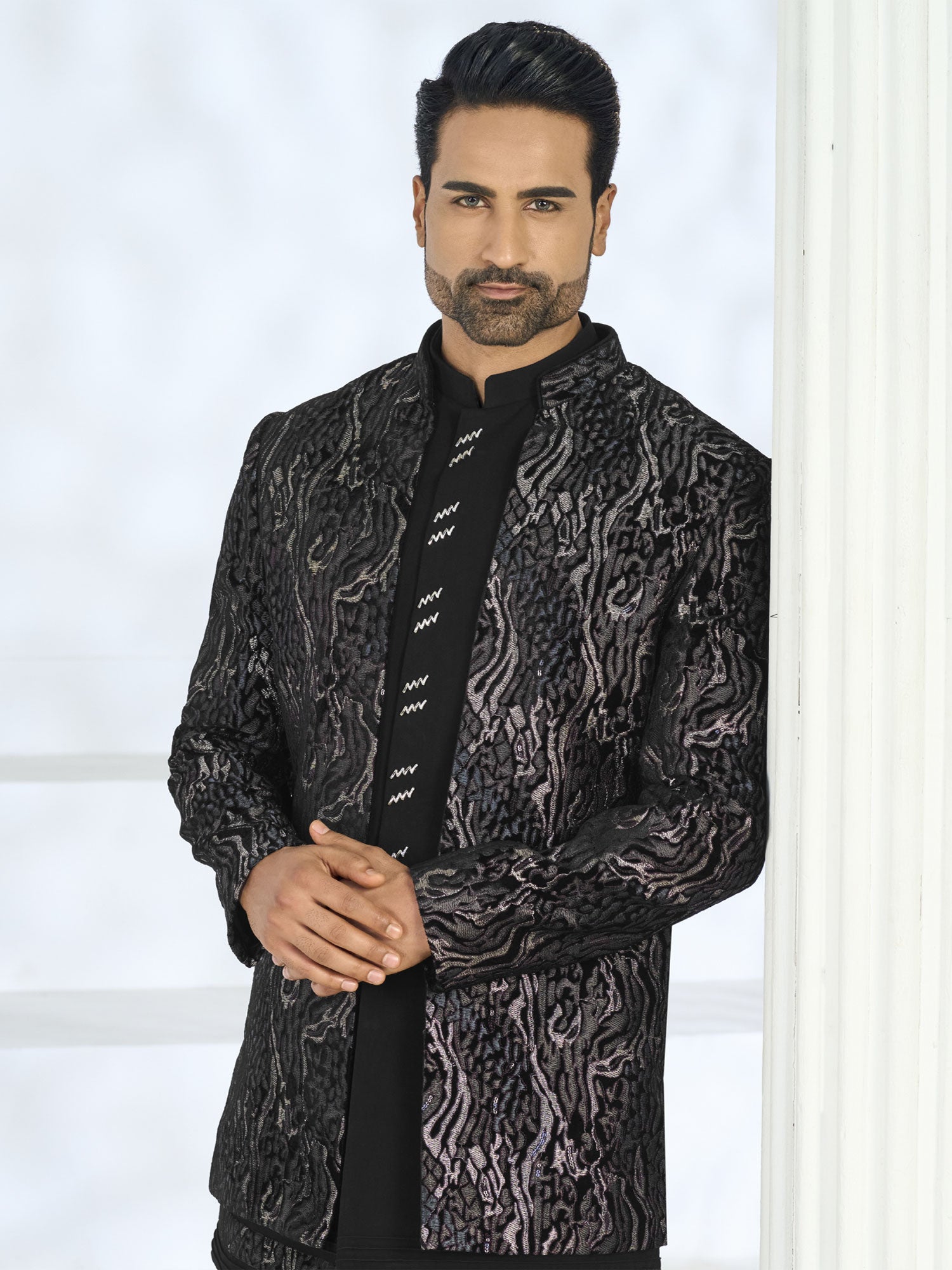 Black Jacket Style Men's Indowestern Set In Silk