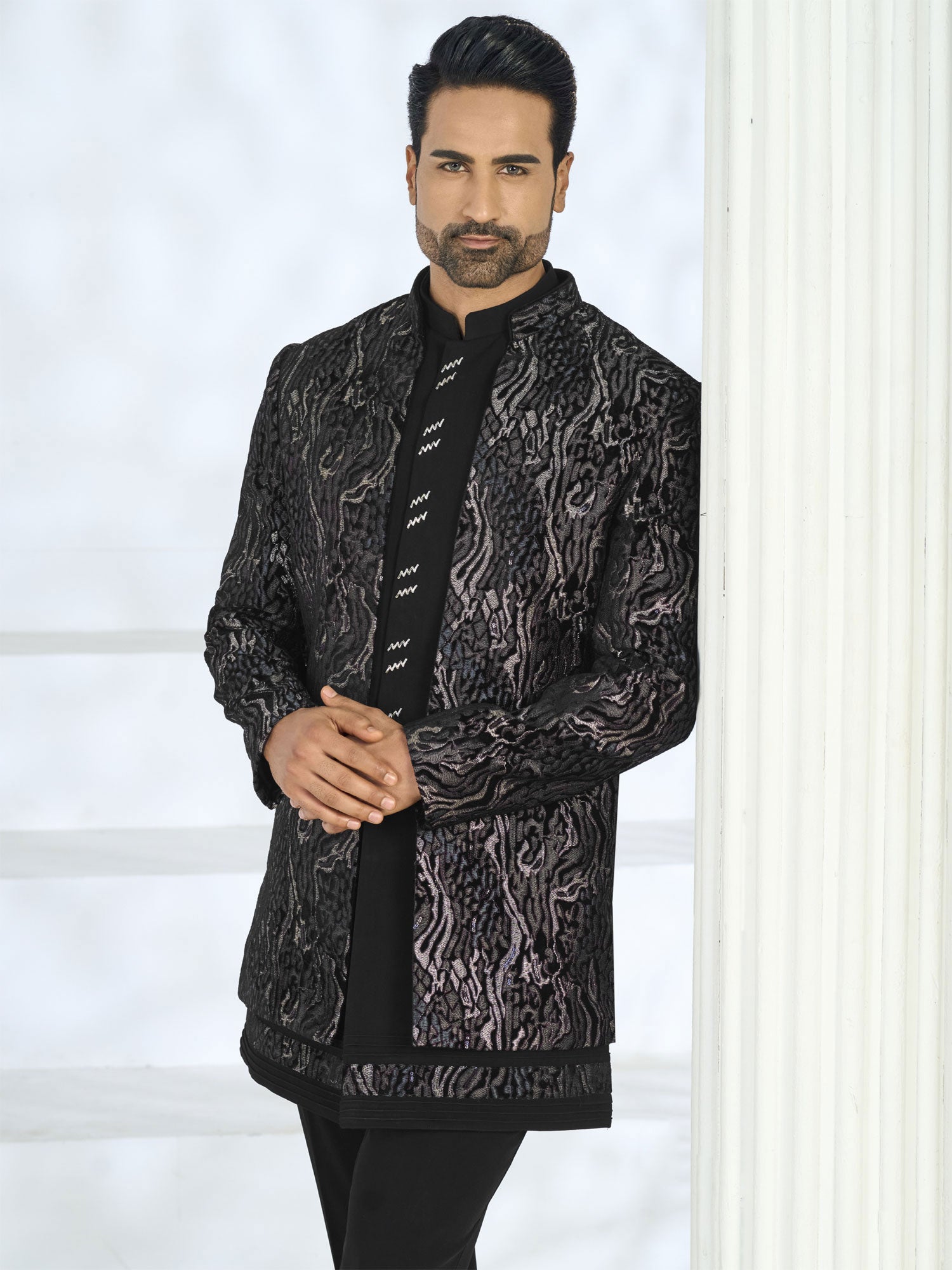 Black Jacket Style Men's Indowestern Set In Silk