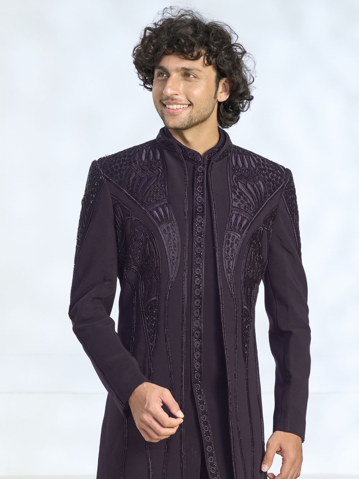 Wine Heavy Embroidered Indo Western With Jacket