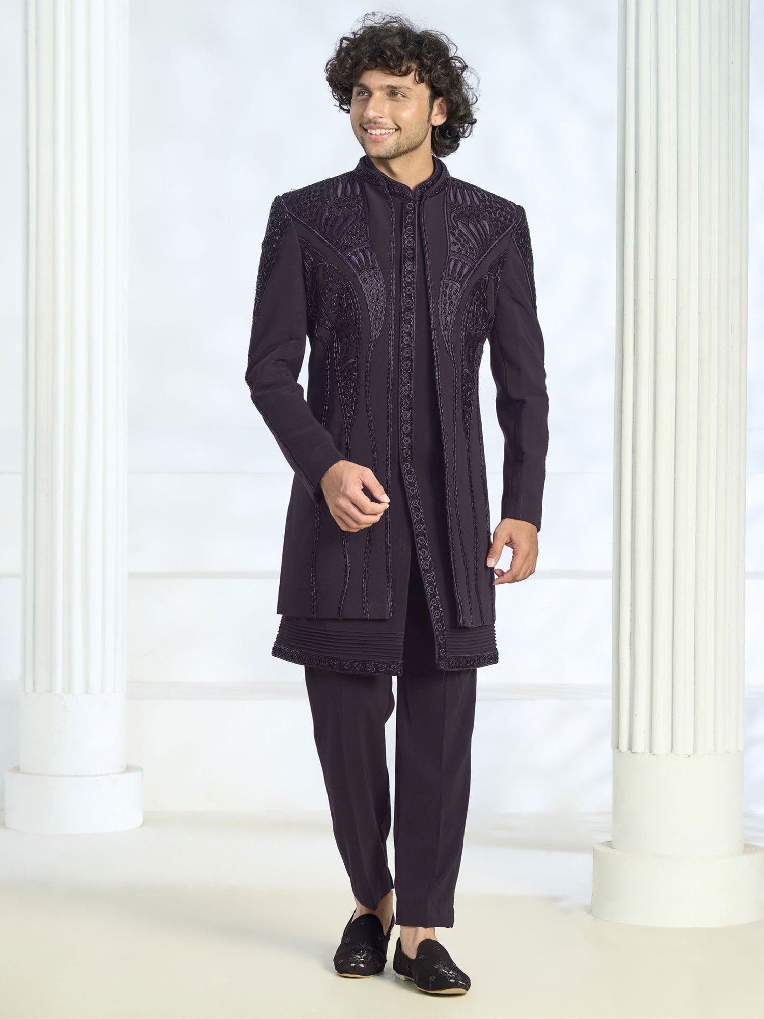 Wine Heavy Embroidered Indo Western With Jacket