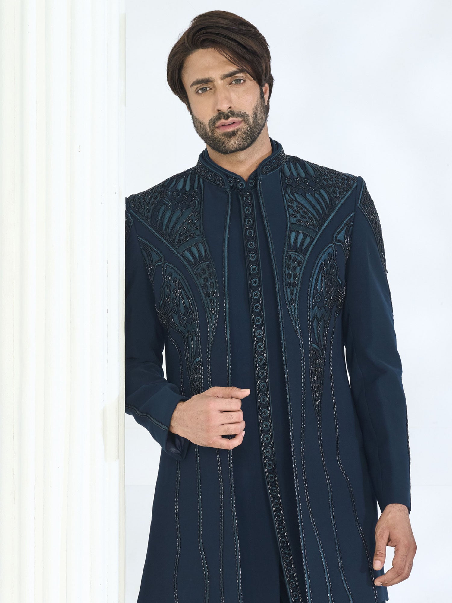 Teal Blue Men's Indowestern With Embroidered Jacket