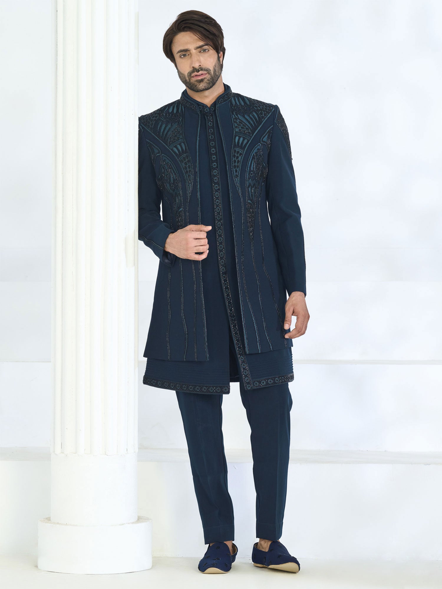 Teal Blue Men's Indowestern With Embroidered Jacket