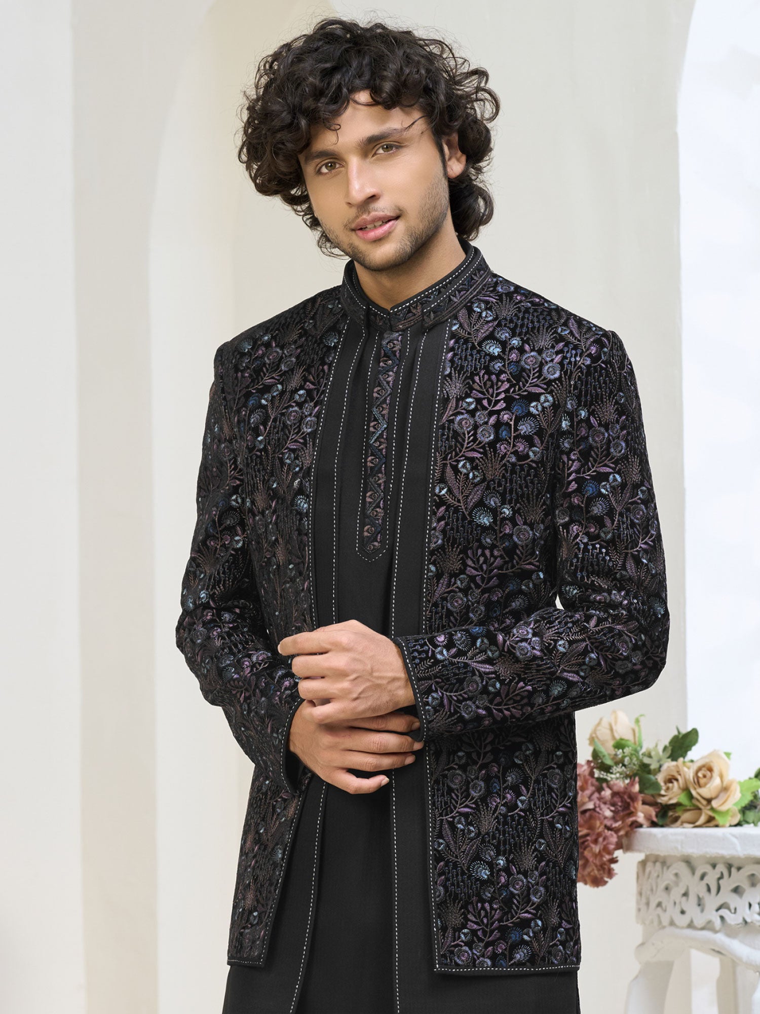 Black Floral Thread Work Augmented Indowestern