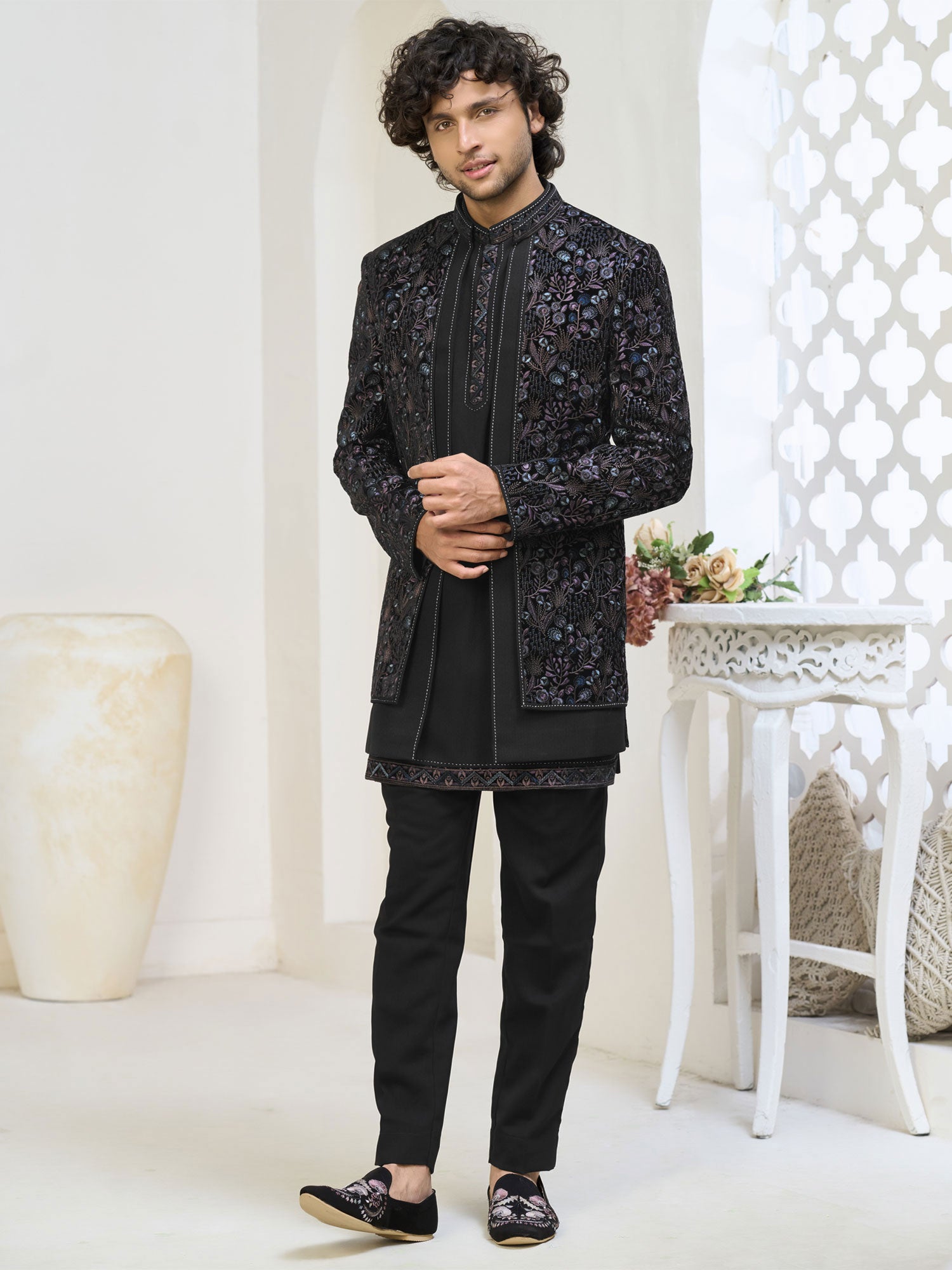 Black Floral Thread Work Augmented Indowestern