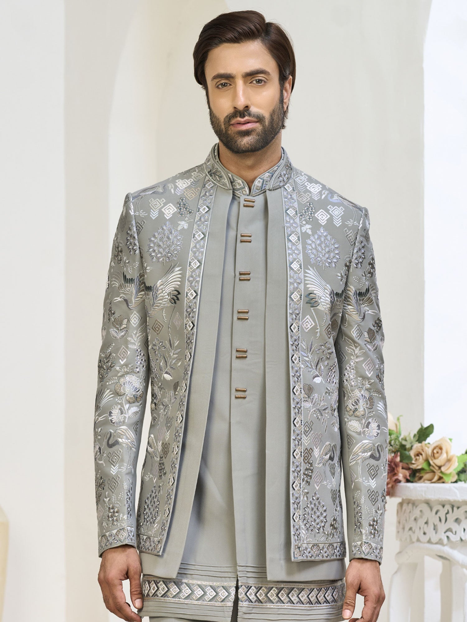 Grey Men's Indowestern With Layered Style Jacket