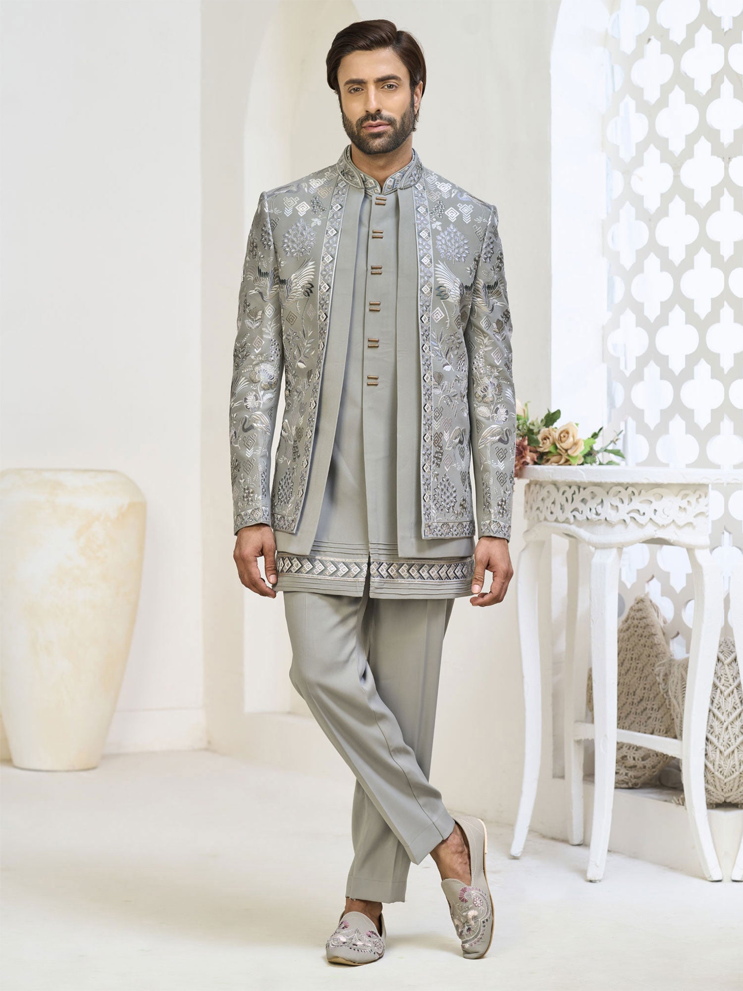 Grey Men's Indowestern With Layered Style Jacket