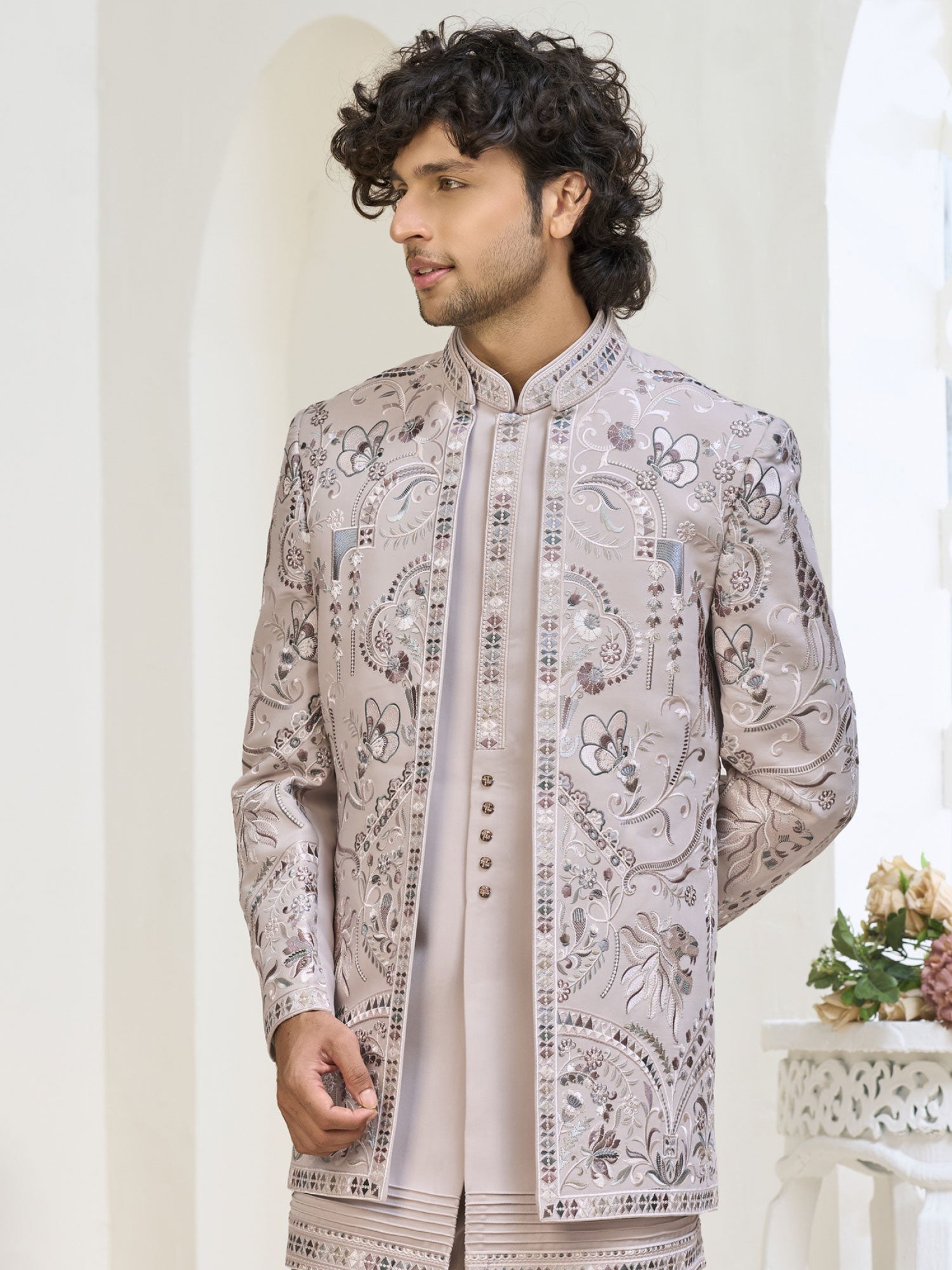 Pink Silk Indowestern With Jacket In Thread Embroidered