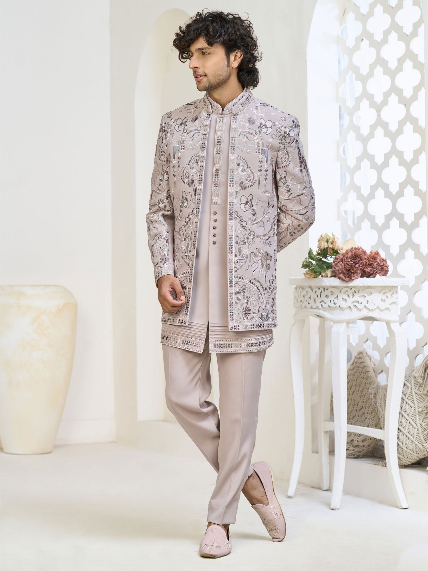 Pink Silk Indowestern With Jacket In Thread Embroidered