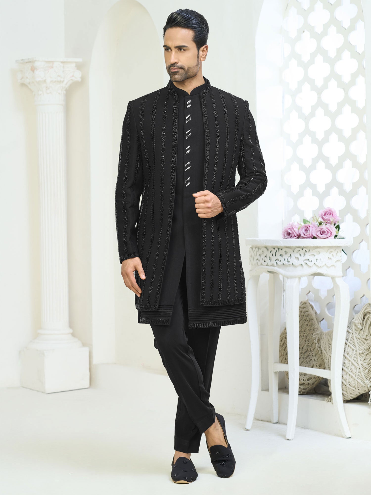 Black Hand Work Enhanced Men's Indo Western Set