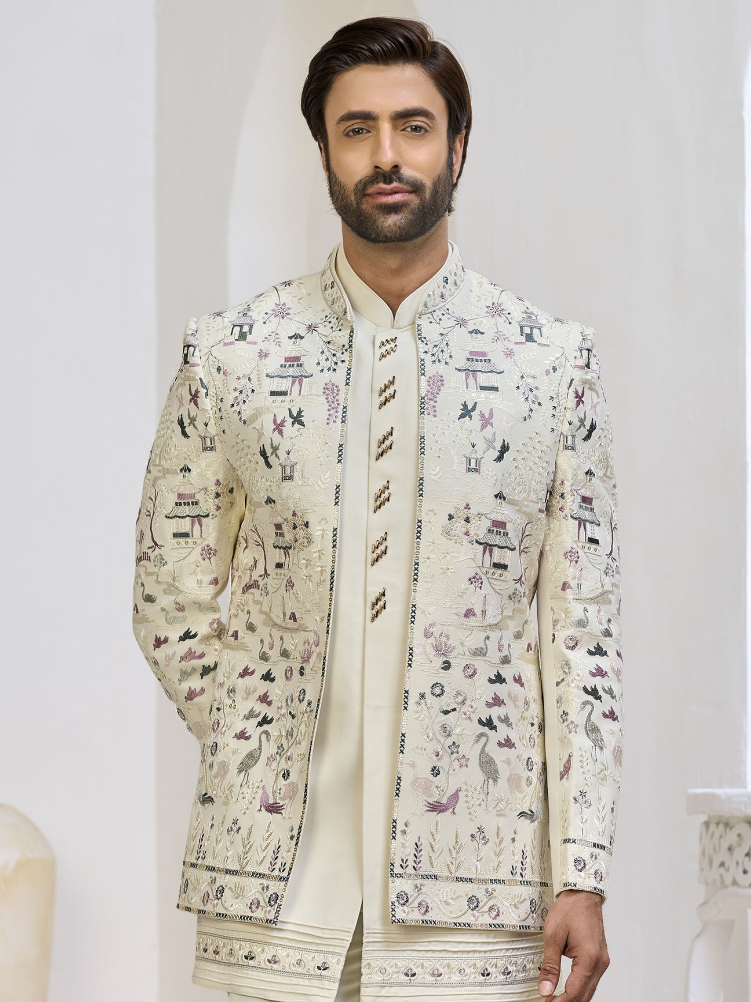 Cream Wedding Wear Embroidered Indowestern Set