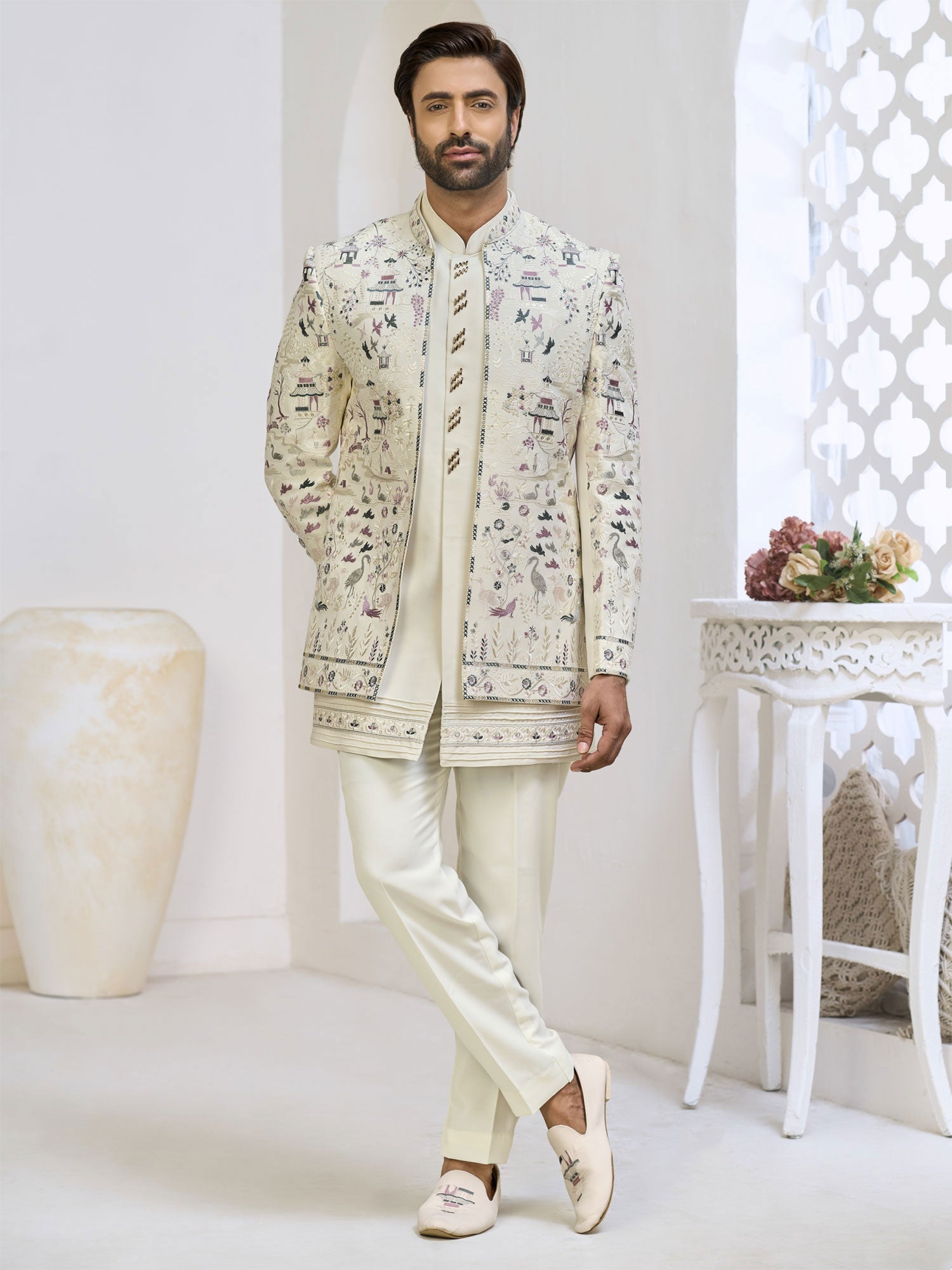 Cream Wedding Wear Embroidered Indowestern Set