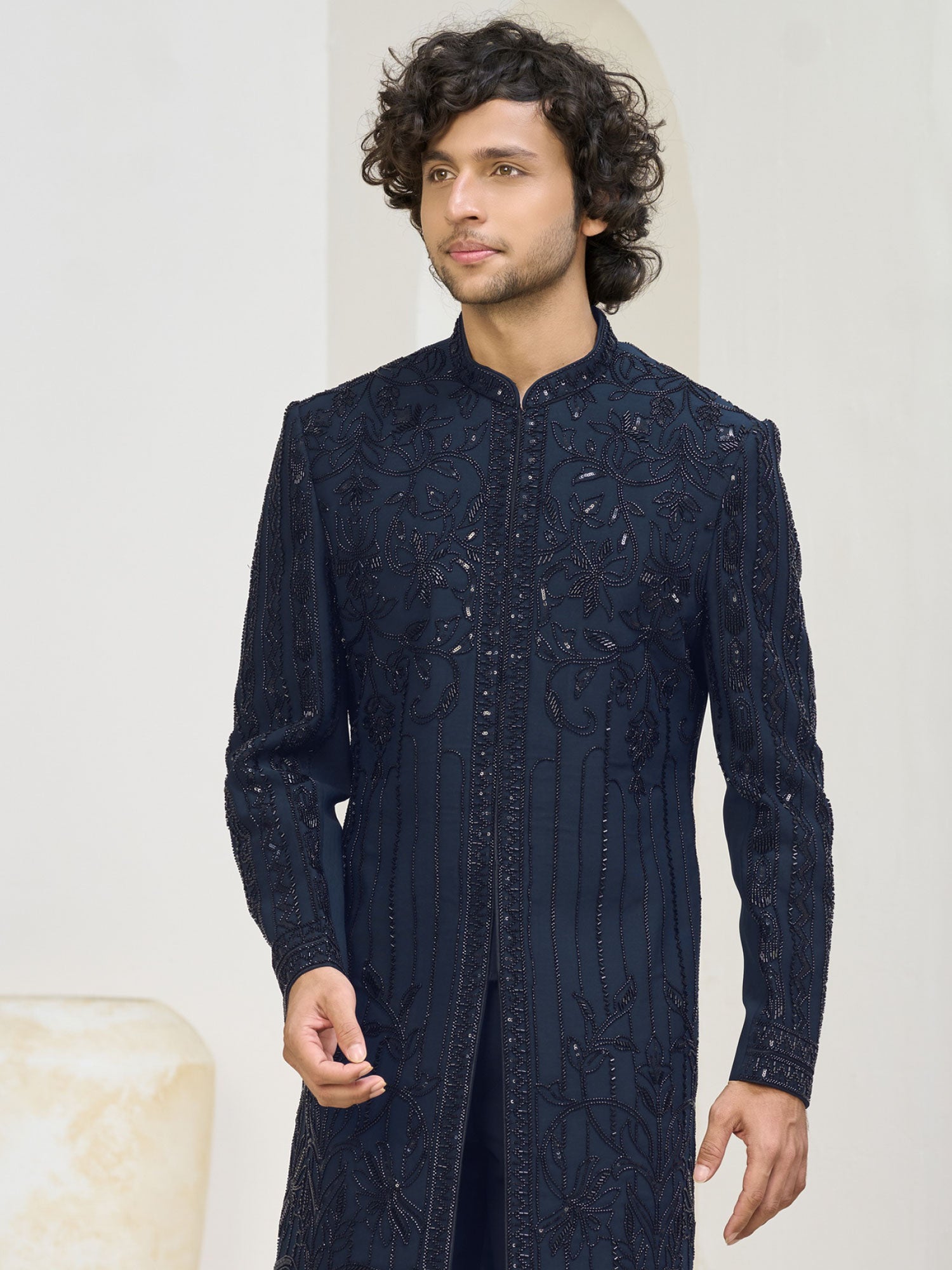 Blue Sequins Work Men's Indo Western In Silk