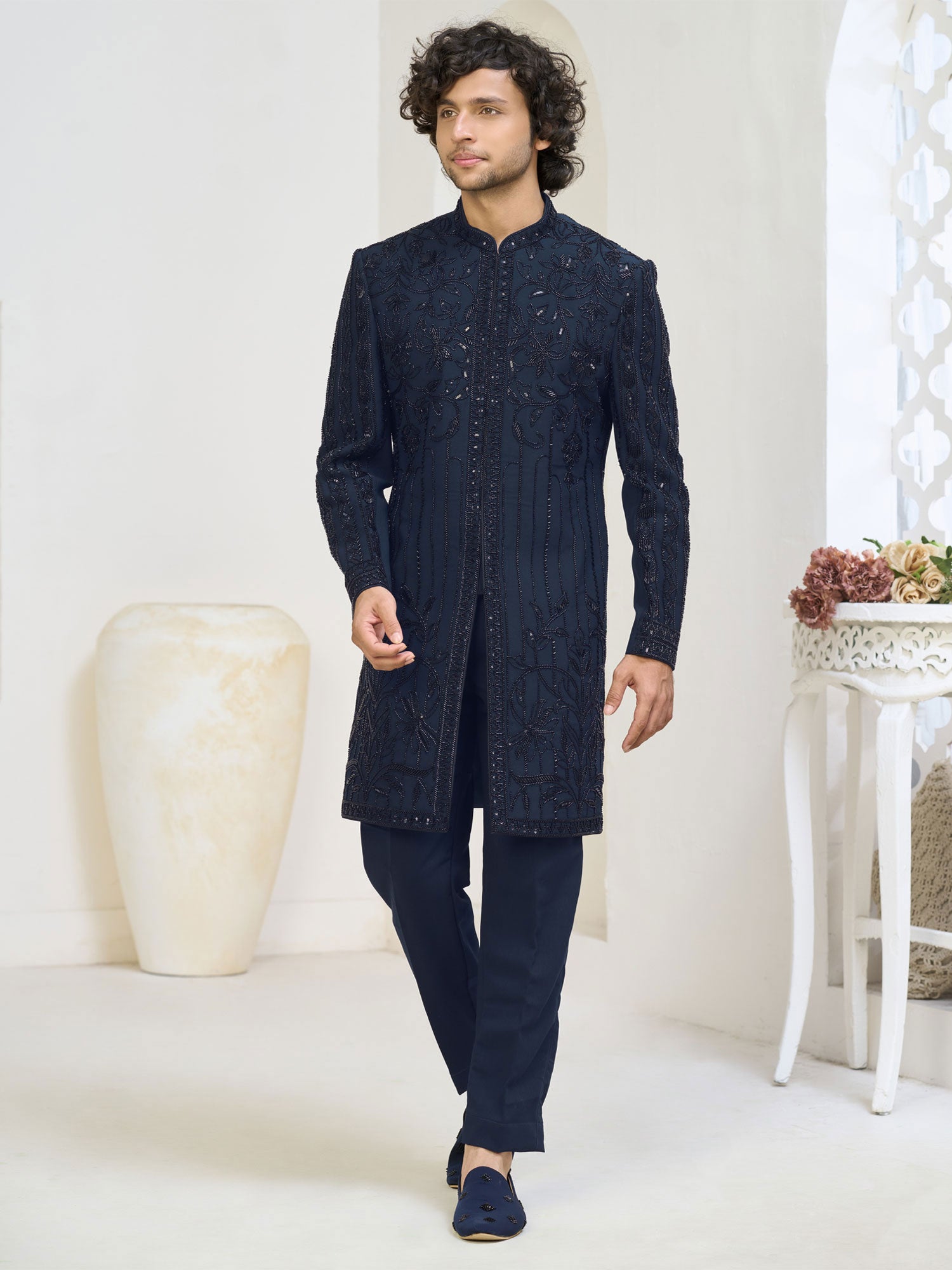 Blue Sequins Work Men's Indo Western In Silk