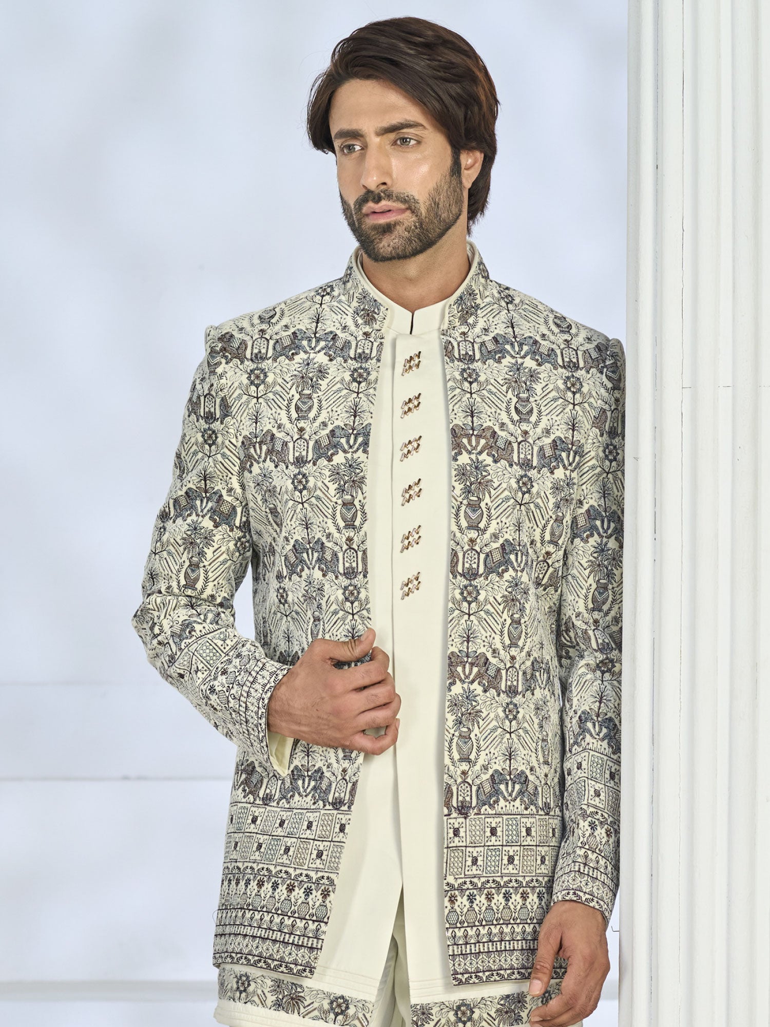 Off White Jacket Style Indowestern Set For Mens