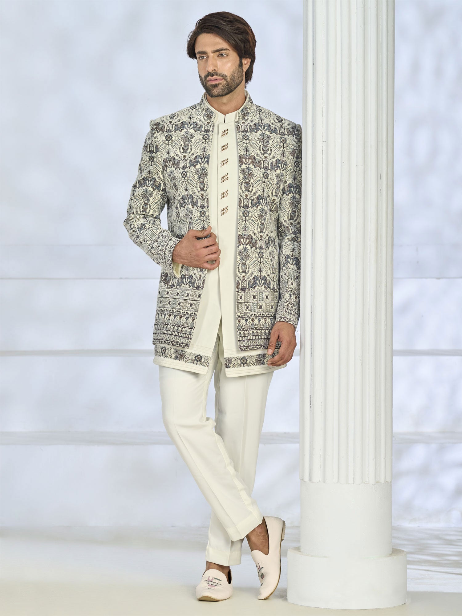 Off White Jacket Style Indowestern Set For Mens
