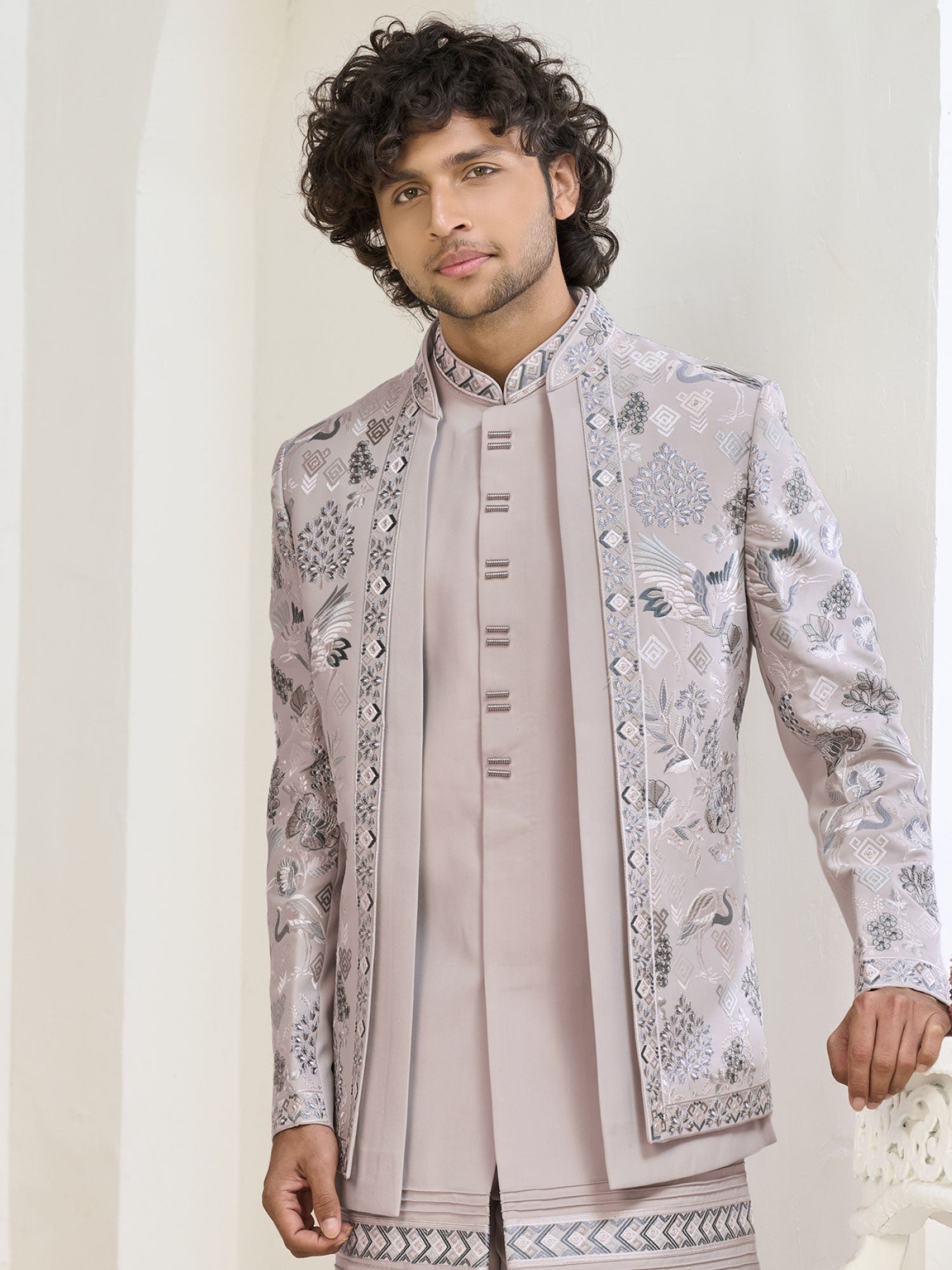 Pink Silk Indowestern With Jacket In Layered Style