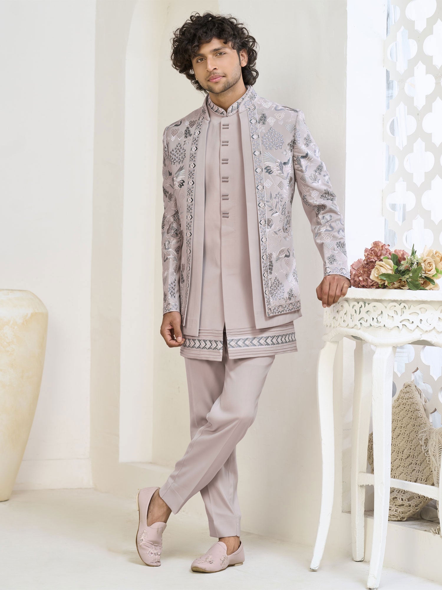 Pink Silk Indowestern With Jacket In Layered Style