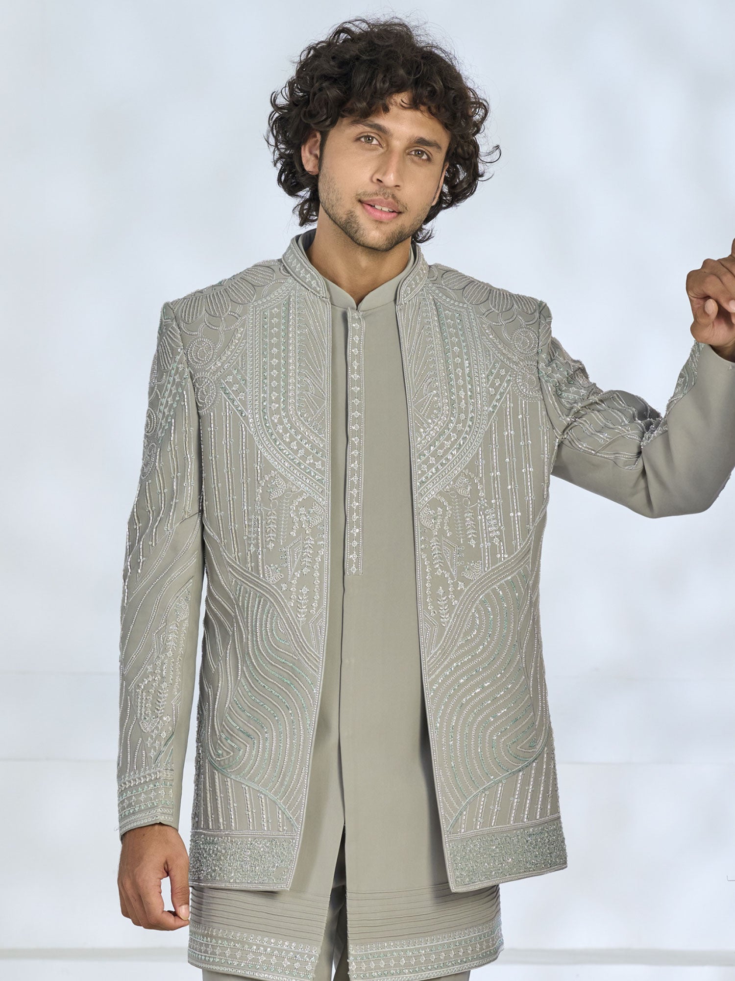Grey Men's Indo Western In Floral Embellishments