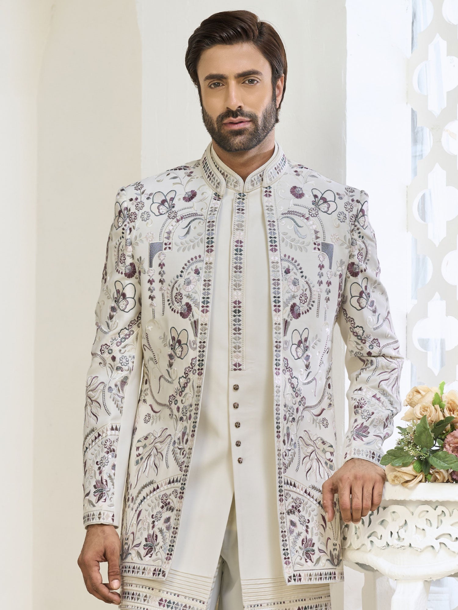 Off White Floral Work Indowestern With Jacket