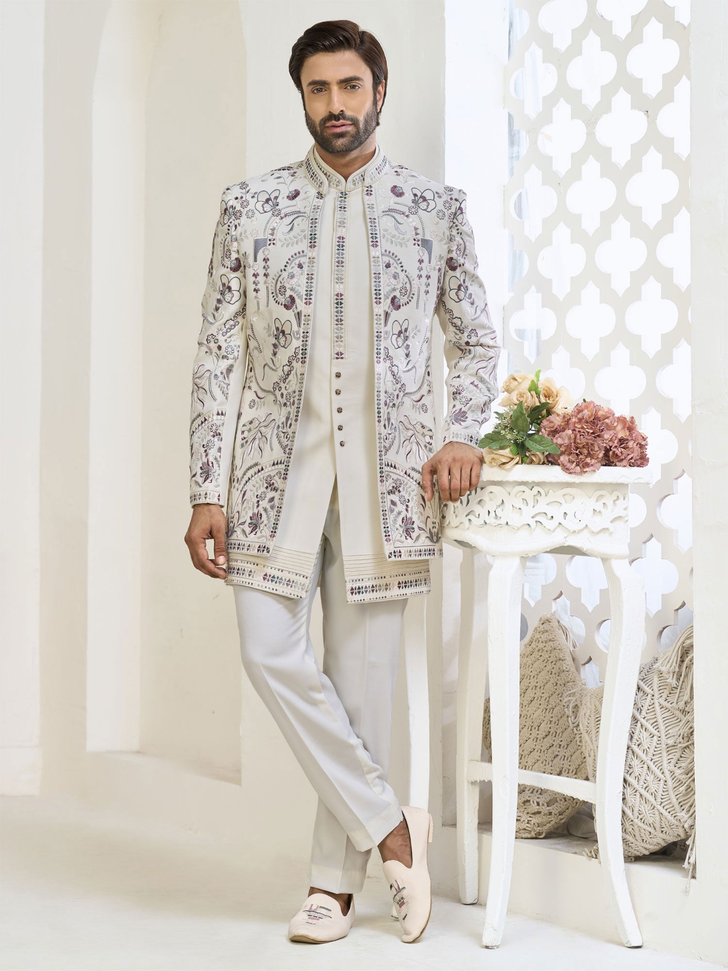 Off White Floral Work Indowestern With Jacket