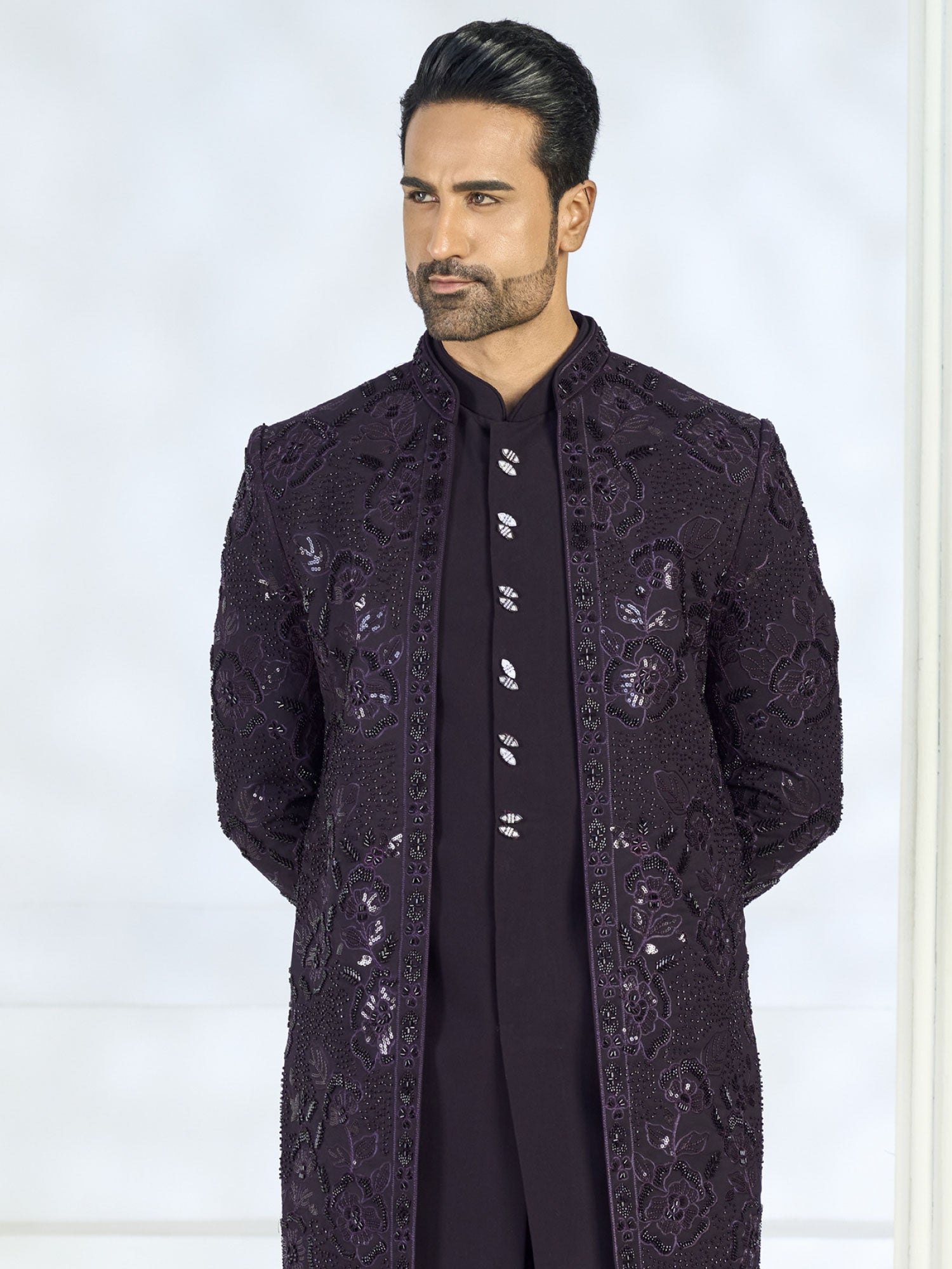Wine Hand Work Wedding Indowestern Set