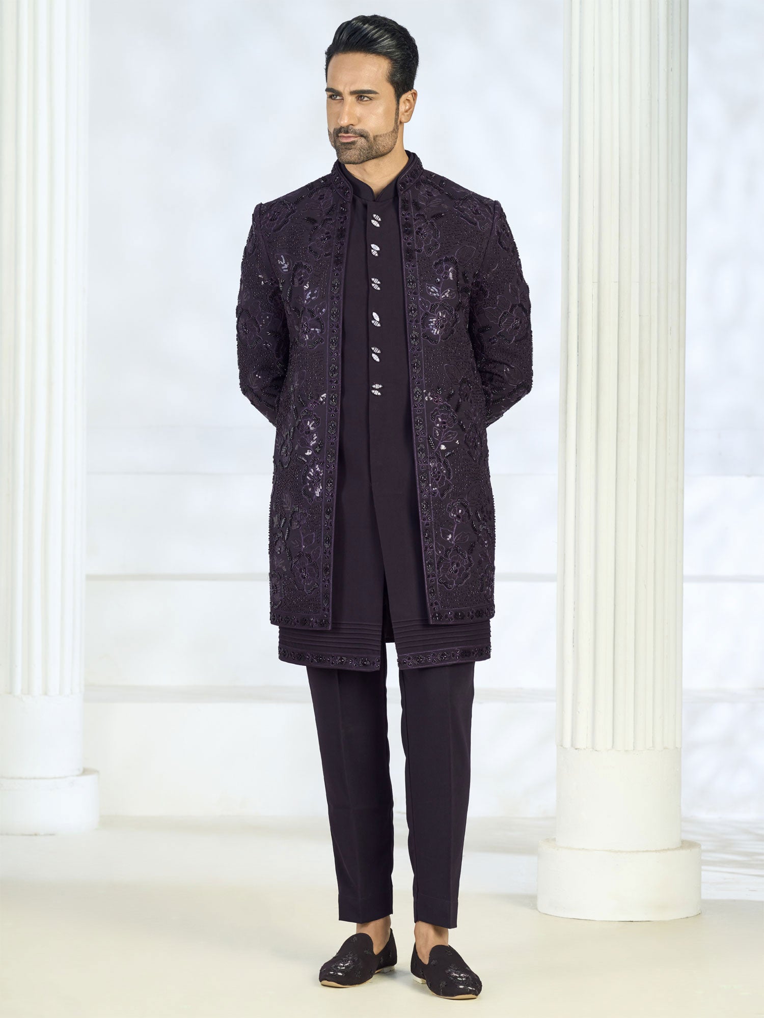 Wine Hand Work Wedding Indowestern Set