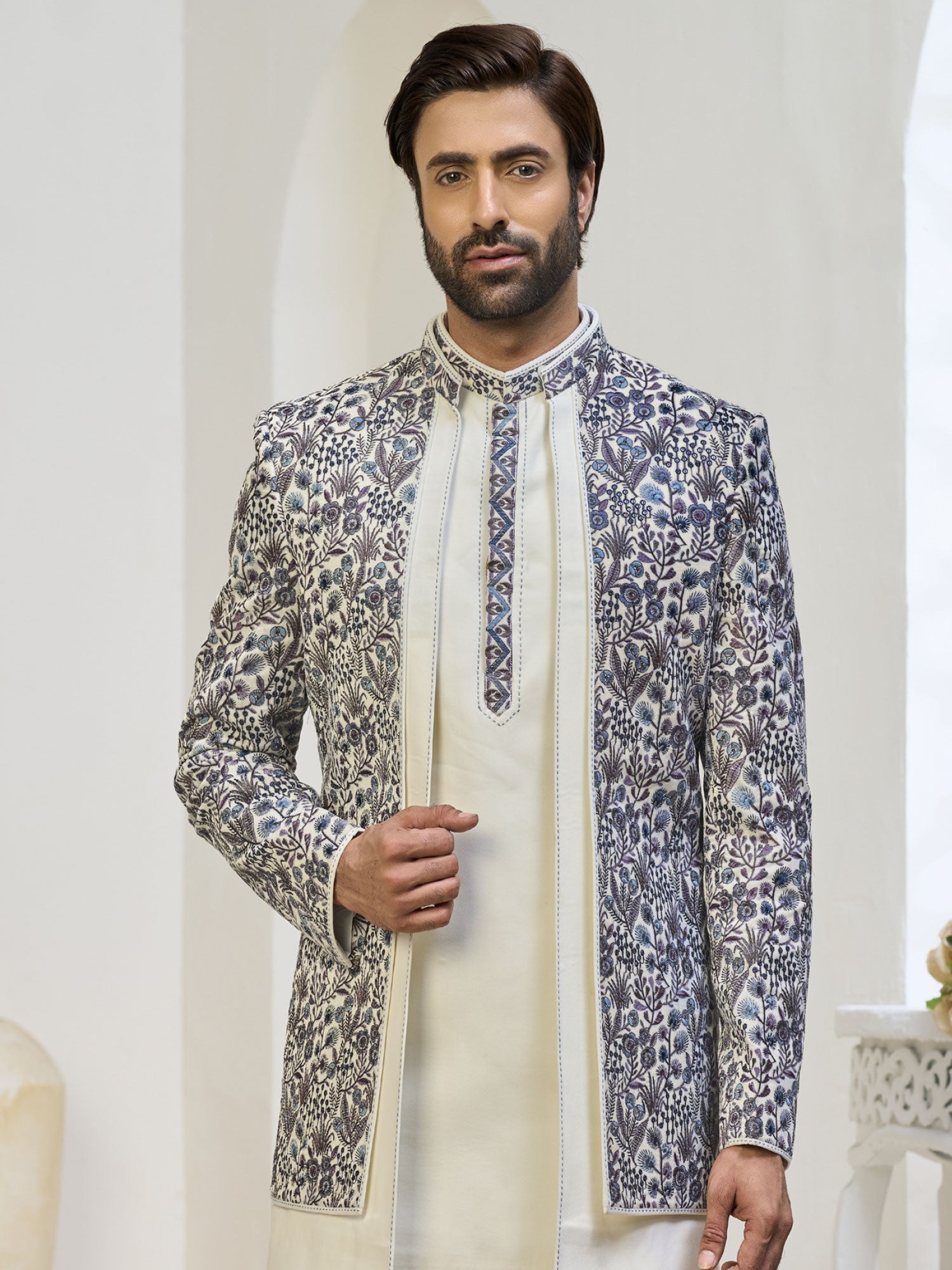 Cream Floral Work Embellished Indo Western