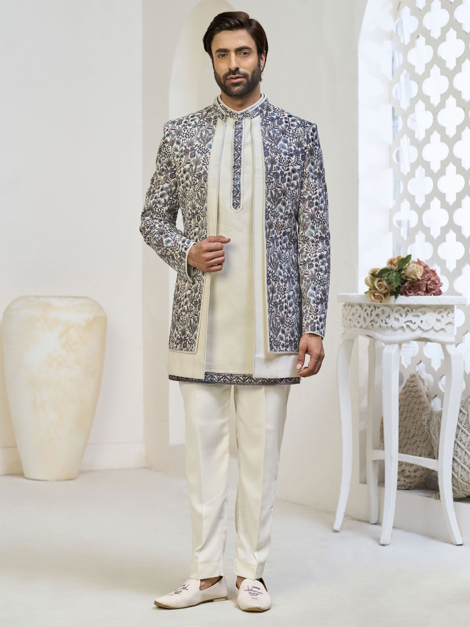 Cream Floral Work Embellished Indo Western