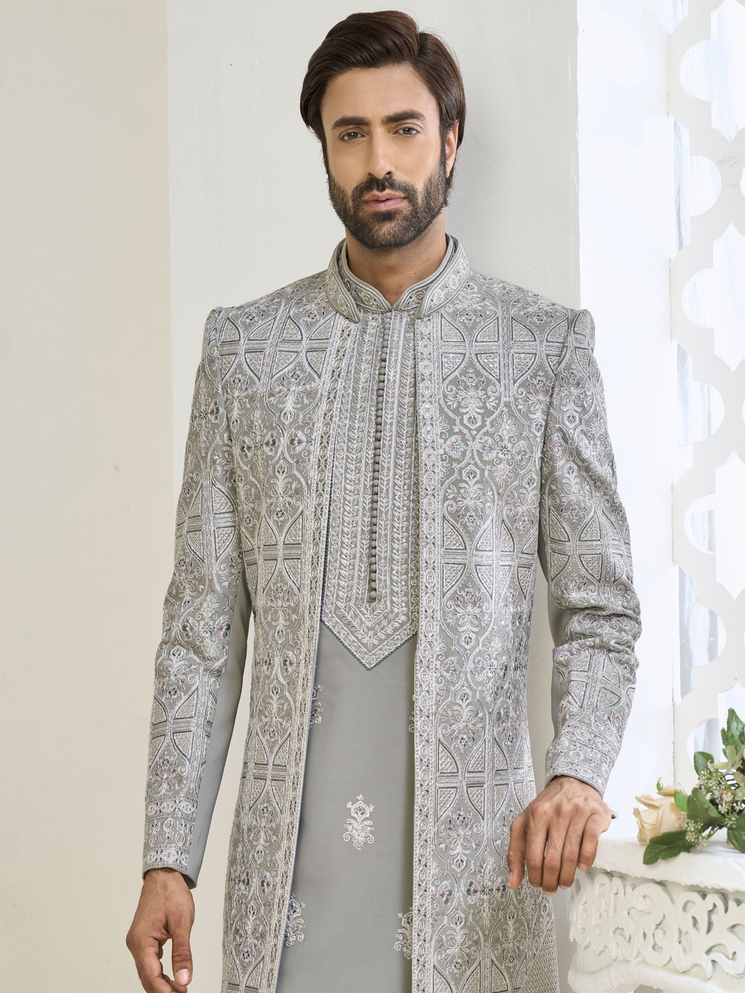 Grey Wedding Indowestern With Jacket