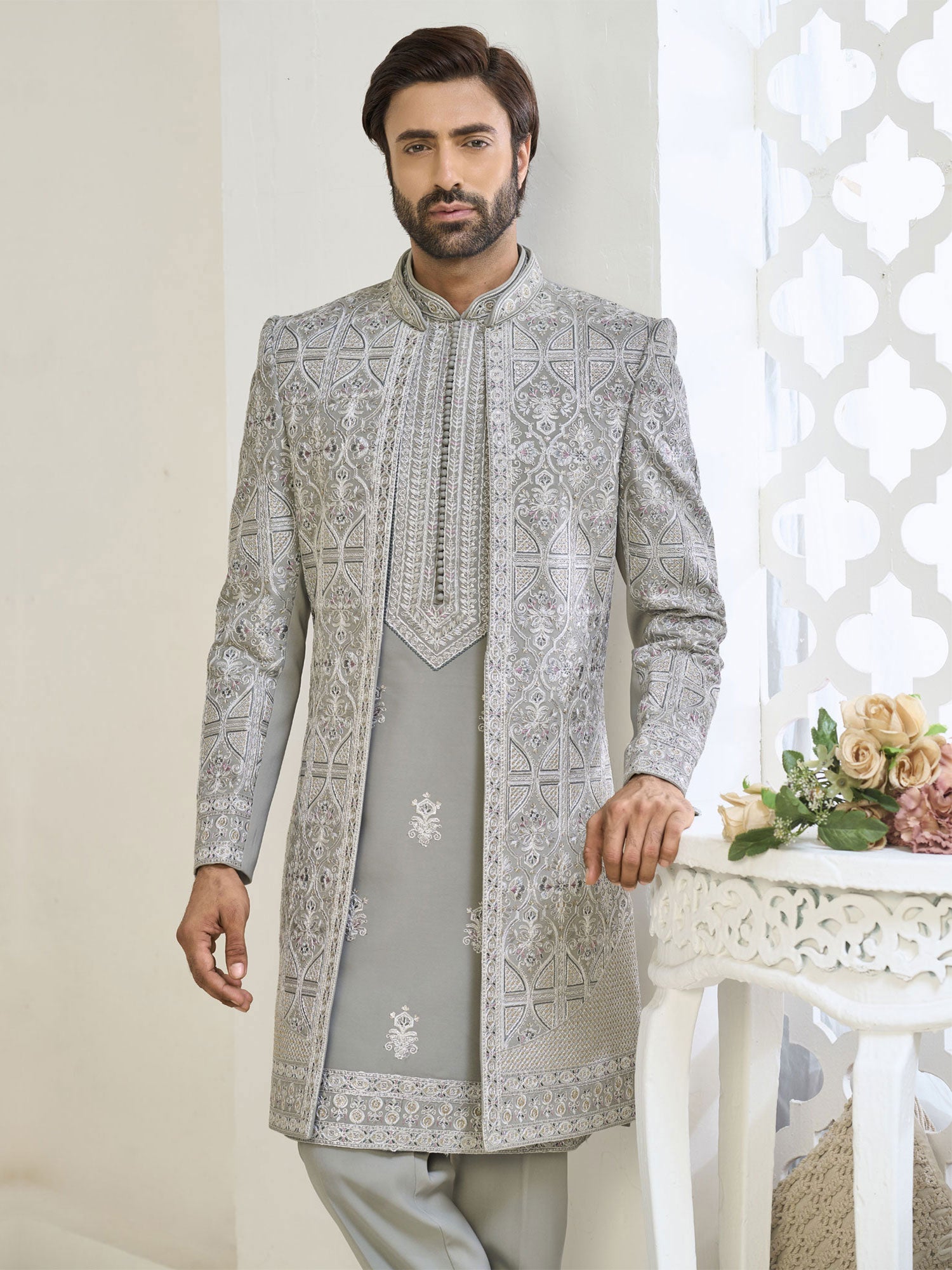 Grey Wedding Indowestern With Jacket