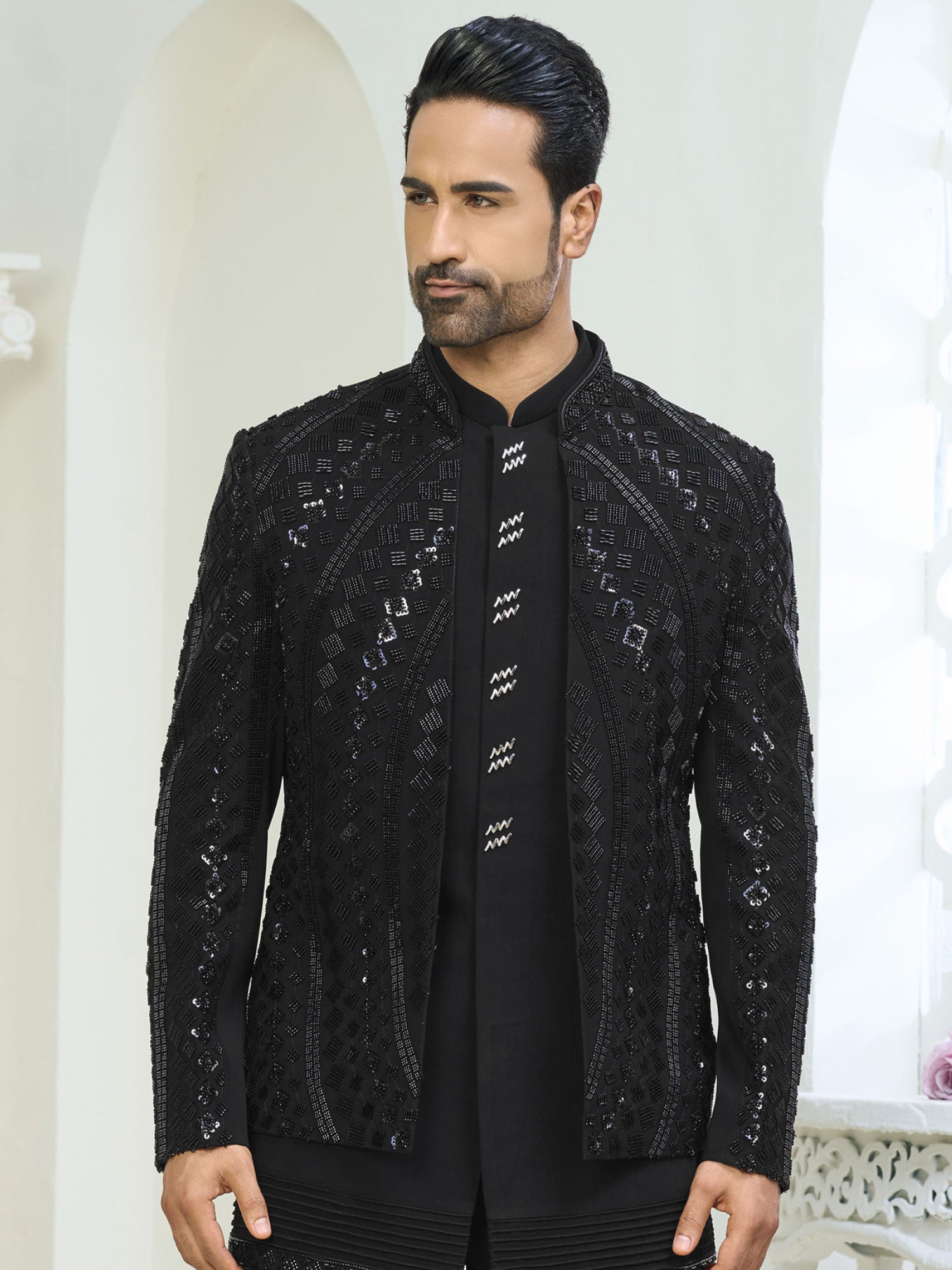 Black Jacket Style  Indowestern Set For Mens
