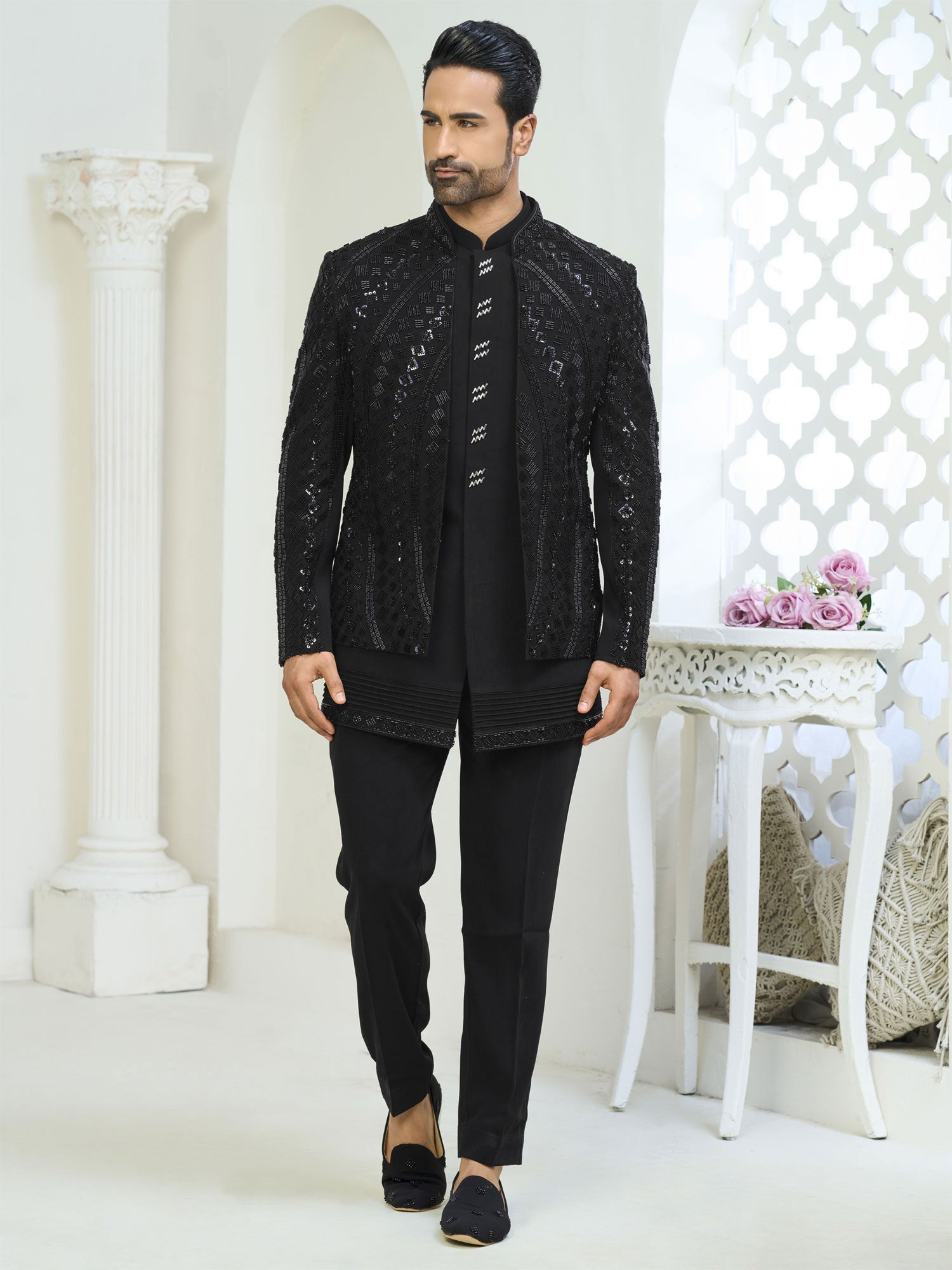 Black Jacket Style  Indowestern Set For Mens